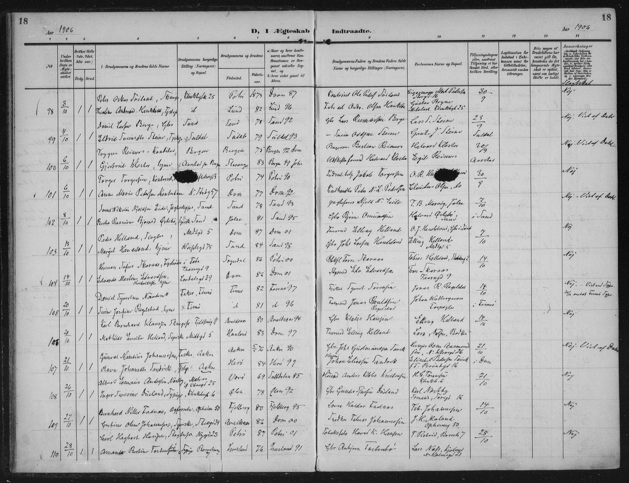 Domkirken sokneprestkontor, AV/SAST-A-101812/002/A/L0016: Parish register (official) no. A 33, 1905-1922, p. 18