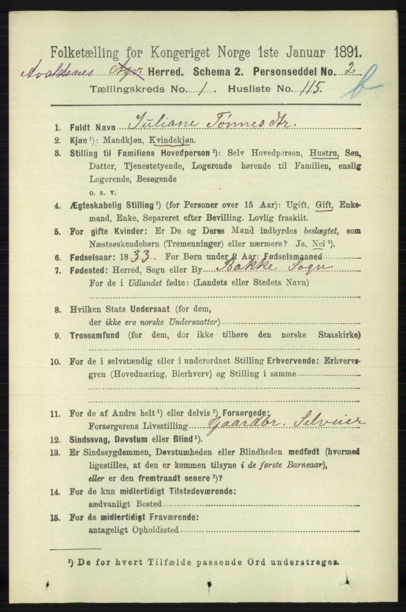 RA, 1891 census for 1147 Avaldsnes, 1891, p. 1883