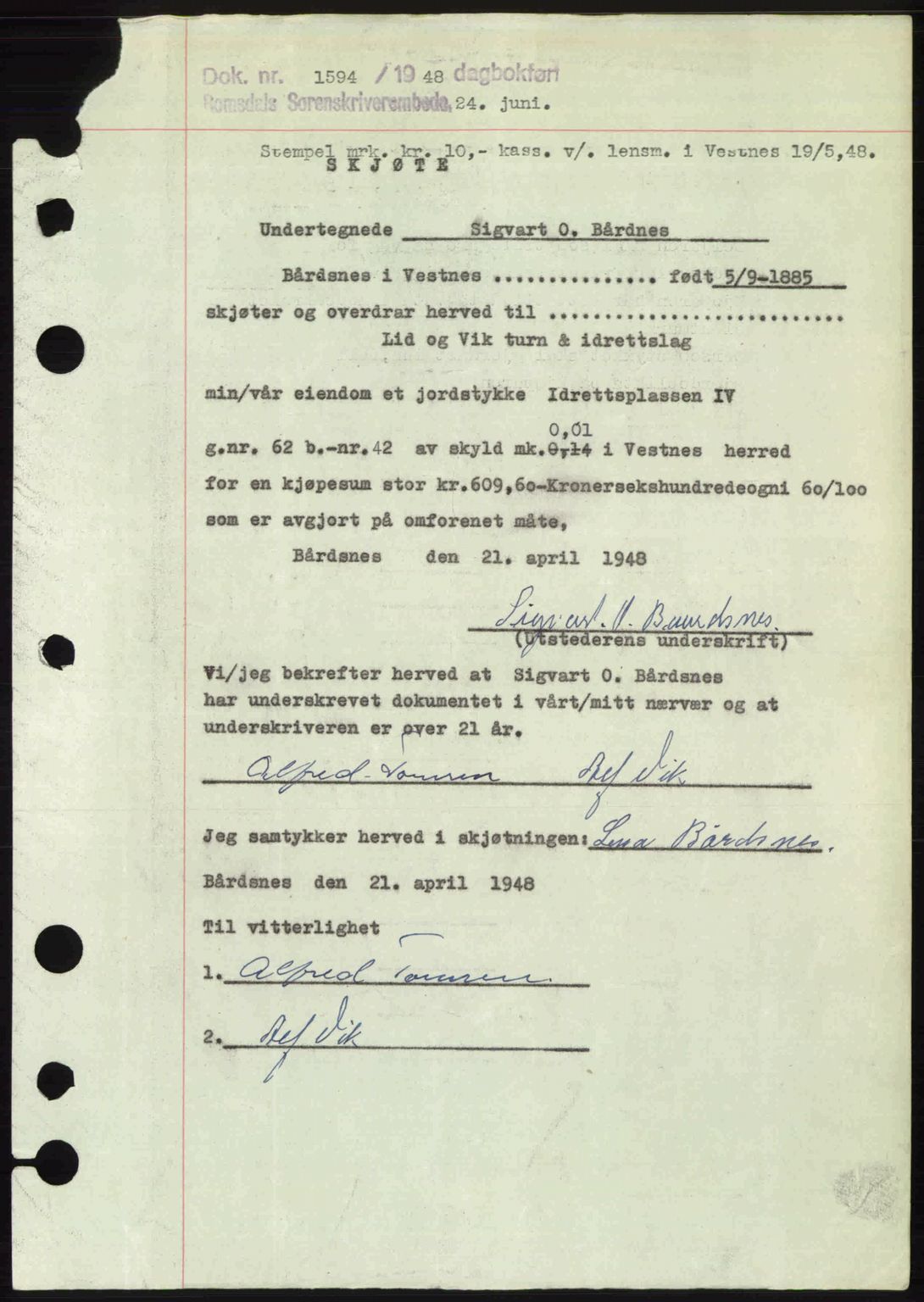 Romsdal sorenskriveri, AV/SAT-A-4149/1/2/2C: Mortgage book no. A26, 1948-1948, Diary no: : 1594/1948