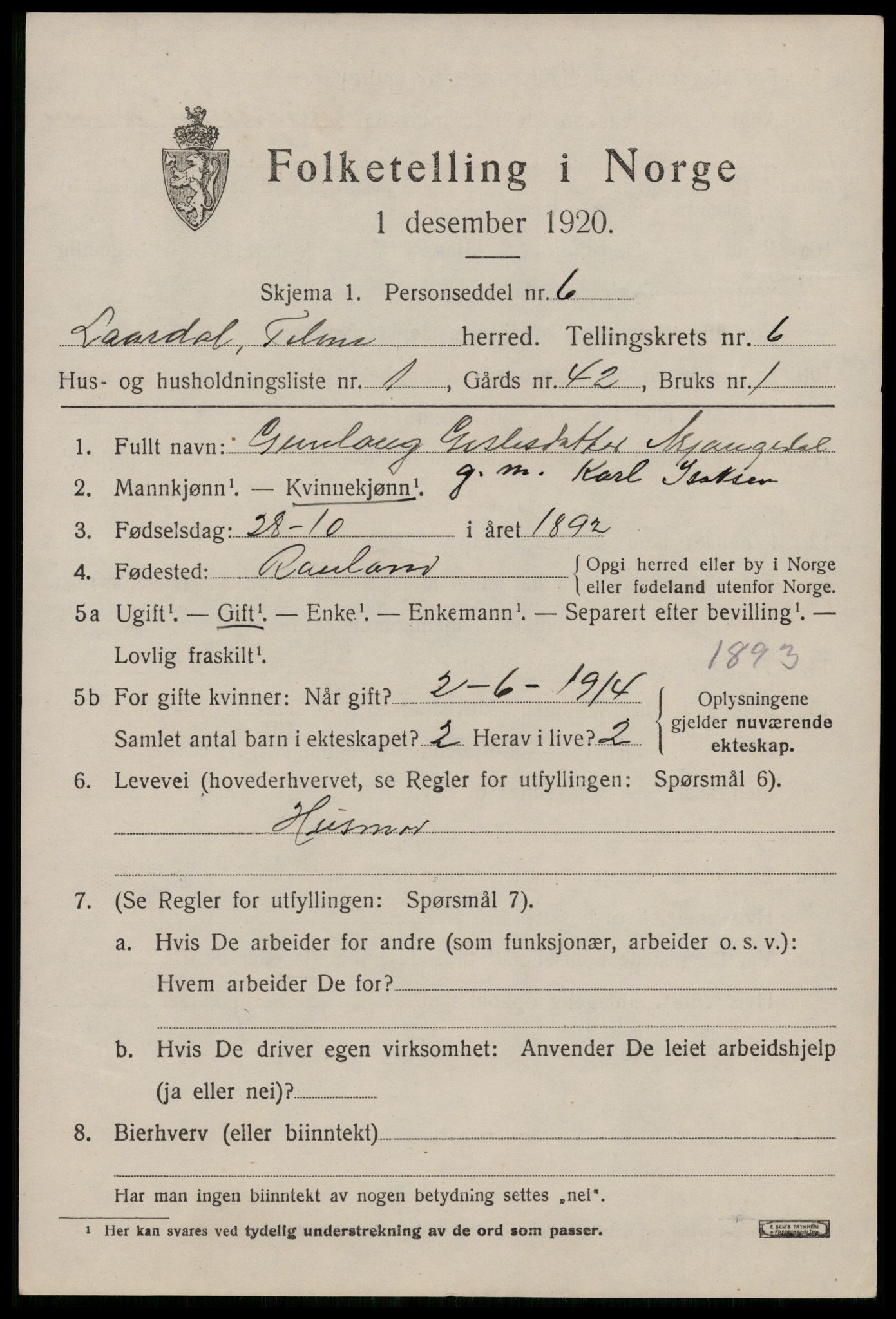 SAKO, 1920 census for Lårdal, 1920, p. 2529