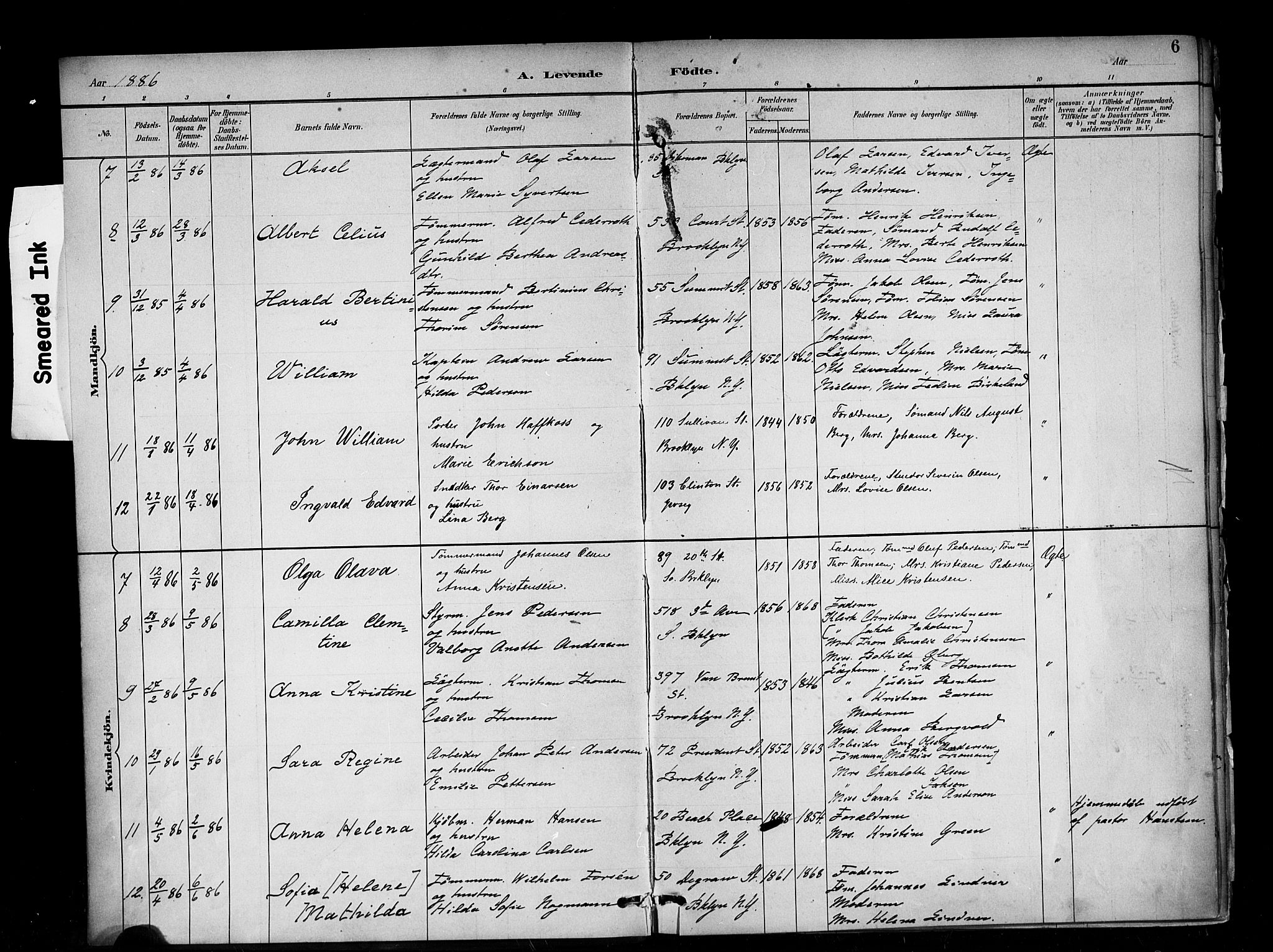 Den norske sjømannsmisjon i utlandet/New York, SAB/SAB/PA-0110/H/Ha/L0002: Parish register (official) no. A 2, 1886-1888, p. 6