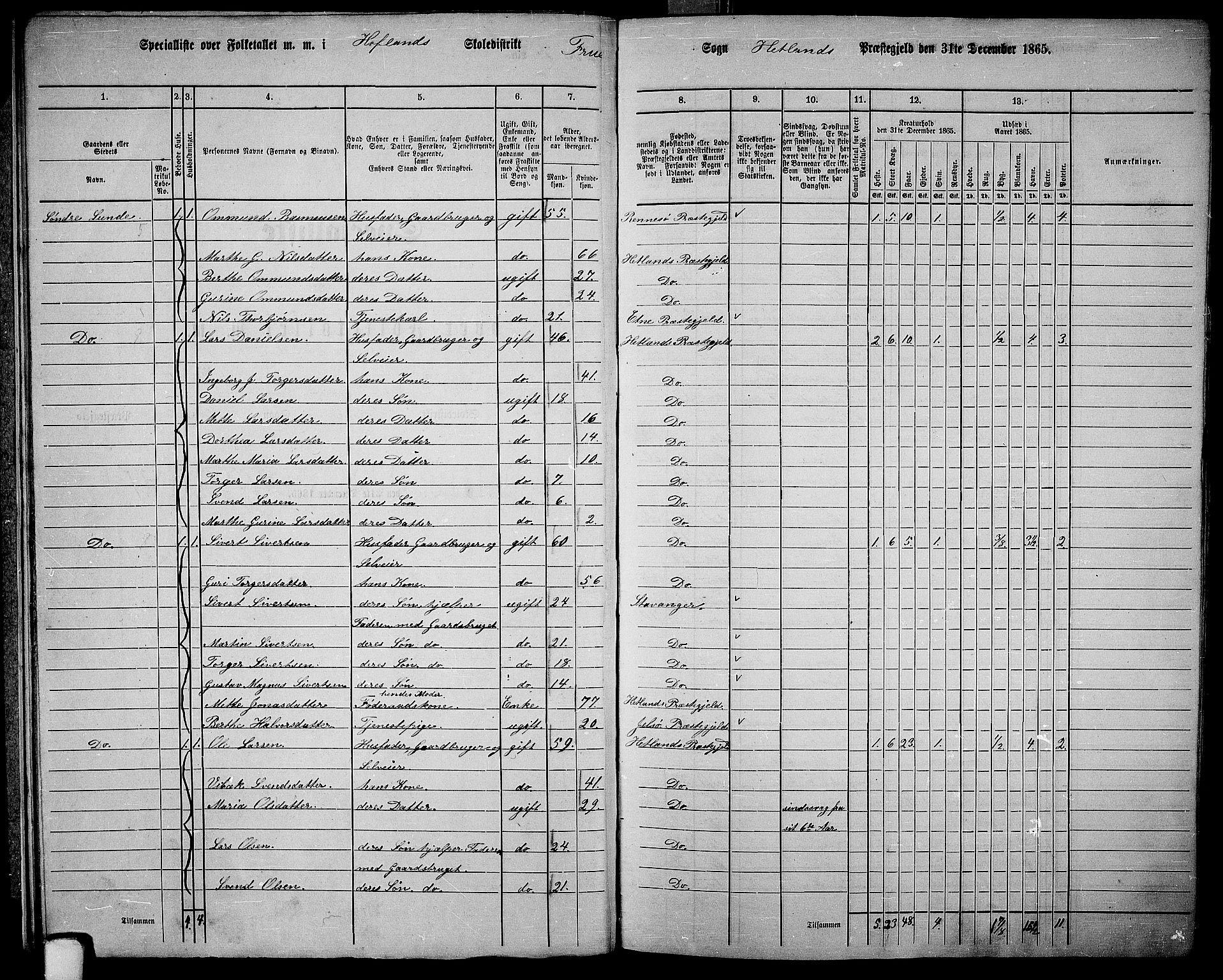 RA, 1865 census for Hetland, 1865, p. 18