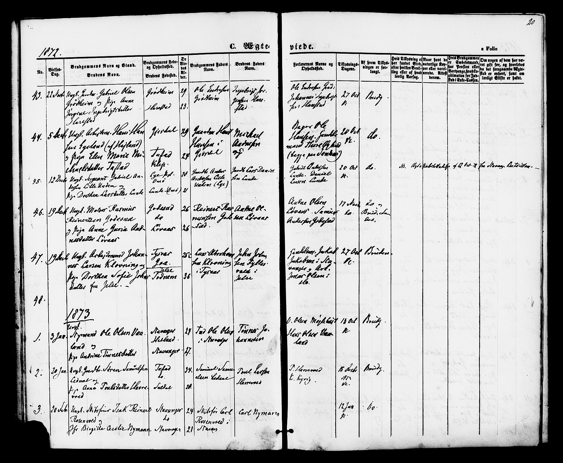 Hetland sokneprestkontor, SAST/A-101826/30/30BA/L0005: Parish register (official) no. A 5, 1869-1884, p. 20