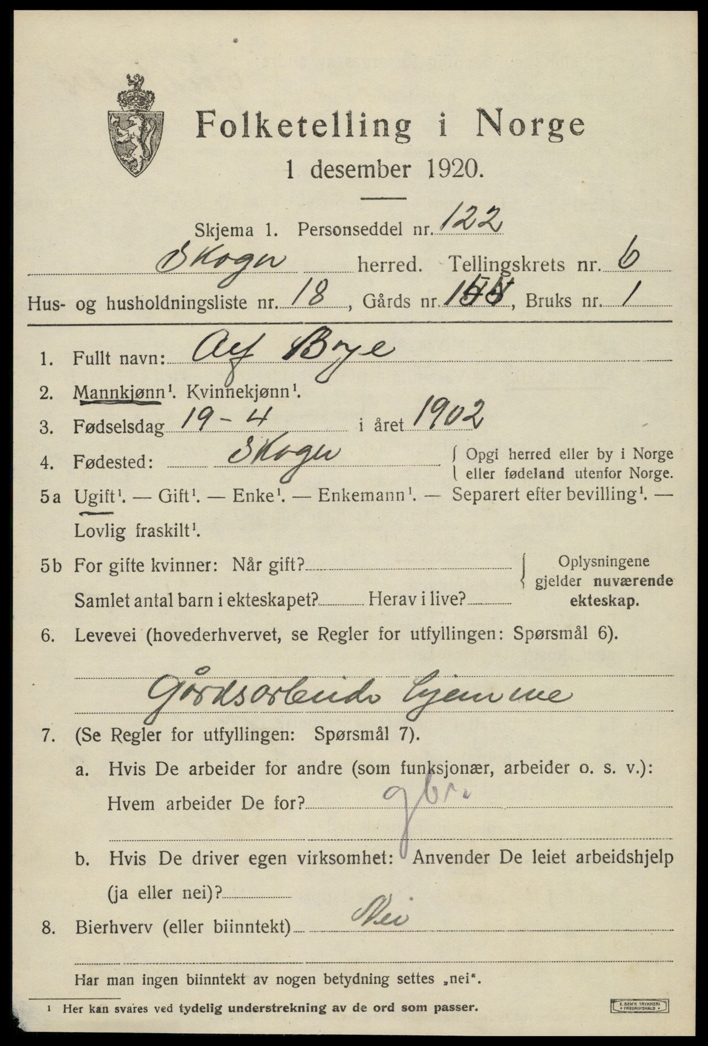 SAT, 1920 census for Skogn, 1920, p. 7647