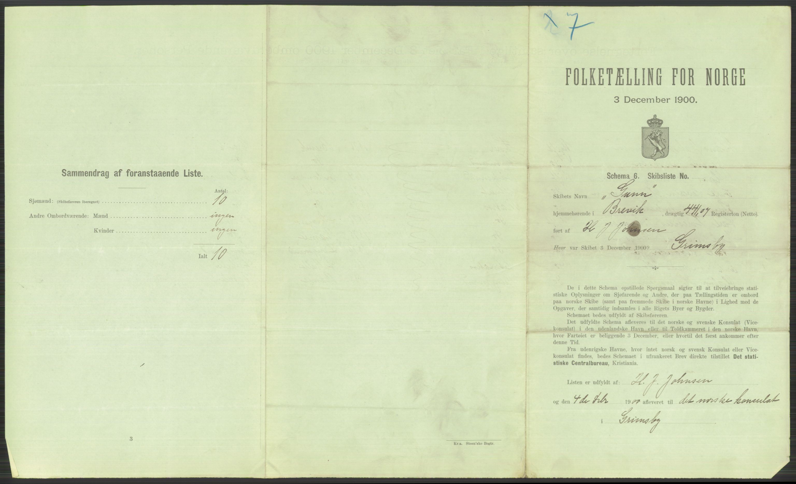 RA, 1900 Census - ship lists from ships in Norwegian harbours, harbours abroad and at sea, 1900, p. 4551