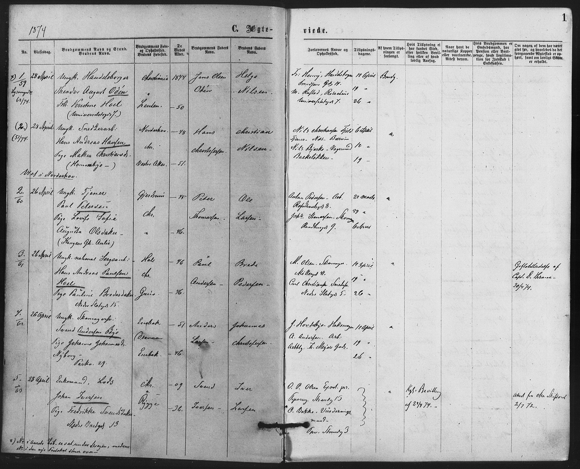 Trefoldighet prestekontor Kirkebøker, SAO/A-10882/F/Fc/L0002: Parish register (official) no. III 2, 1874-1881, p. 1