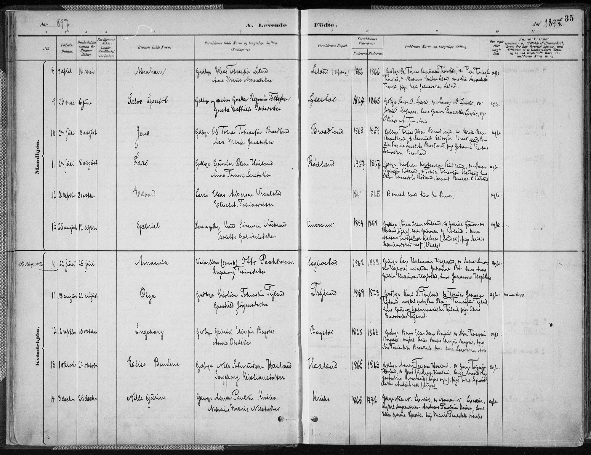 Nord-Audnedal sokneprestkontor, SAK/1111-0032/F/Fa/Fab/L0003: Parish register (official) no. A 3, 1882-1900, p. 35