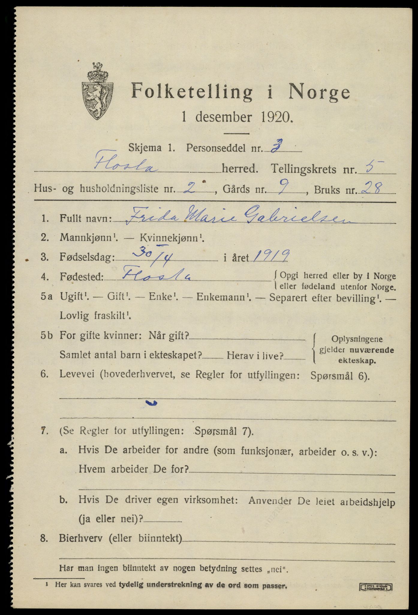 SAK, 1920 census for Flosta, 1920, p. 2866
