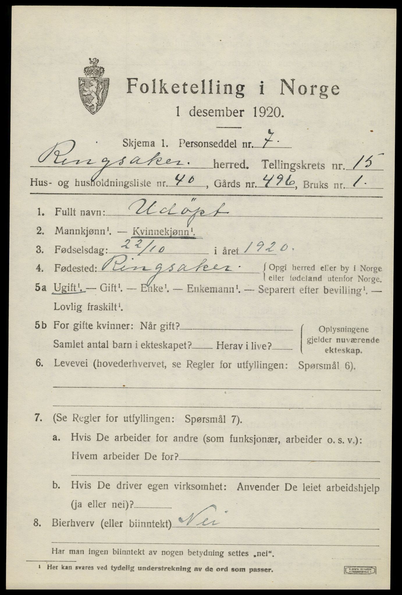 SAH, 1920 census for Ringsaker, 1920, p. 22298