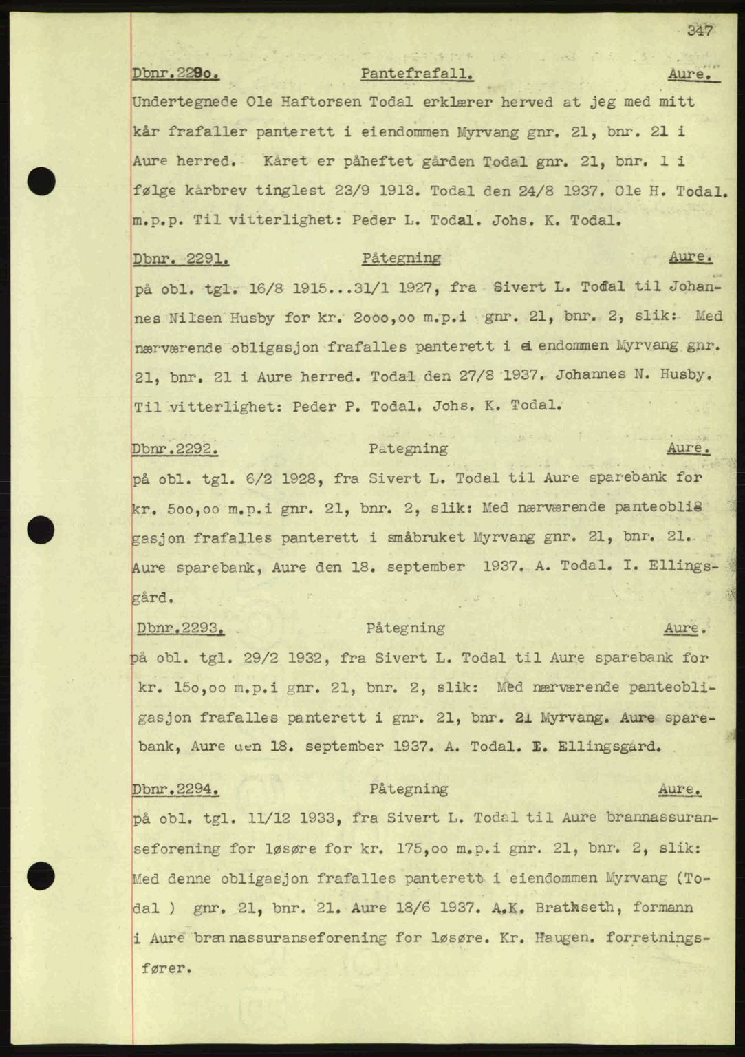 Nordmøre sorenskriveri, AV/SAT-A-4132/1/2/2Ca: Mortgage book no. C80, 1936-1939, Diary no: : 2290/1937