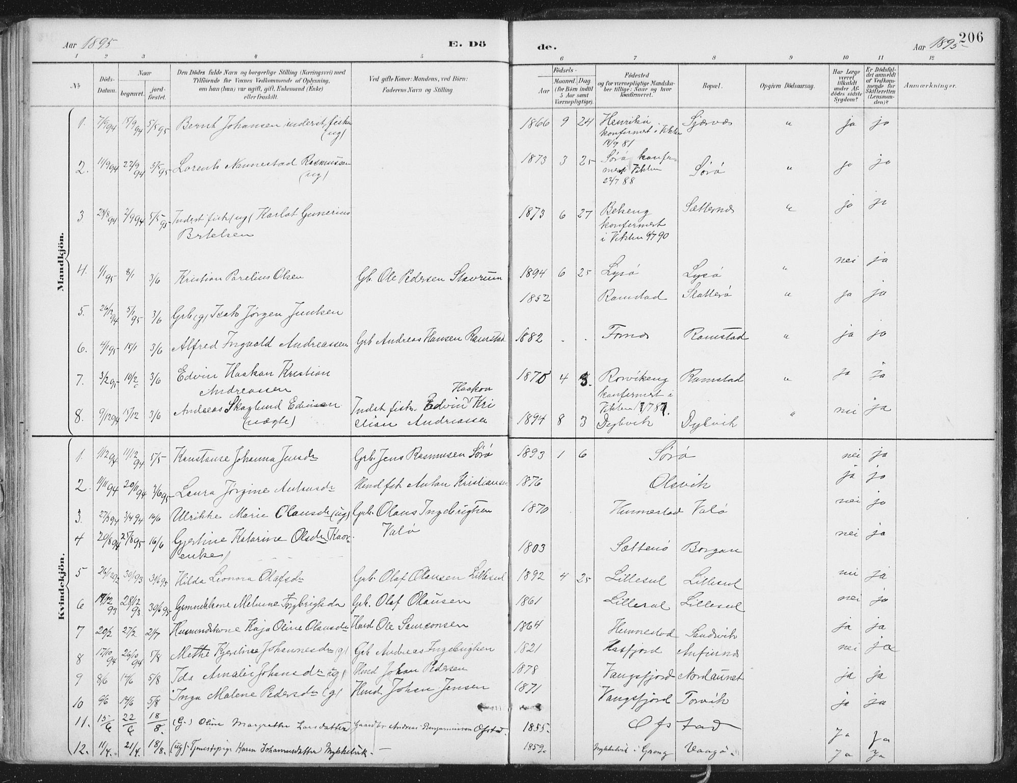 Ministerialprotokoller, klokkerbøker og fødselsregistre - Nord-Trøndelag, AV/SAT-A-1458/786/L0687: Parish register (official) no. 786A03, 1888-1898, p. 206