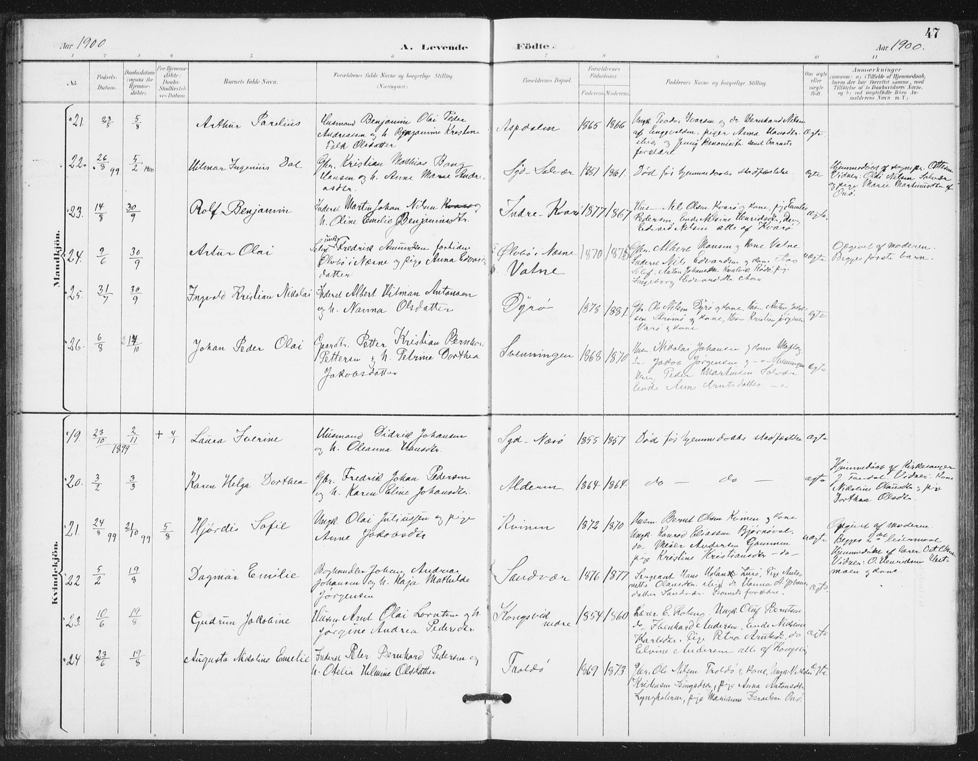 Ministerialprotokoller, klokkerbøker og fødselsregistre - Nordland, AV/SAT-A-1459/839/L0573: Parish register (copy) no. 839C03, 1892-1917, p. 47