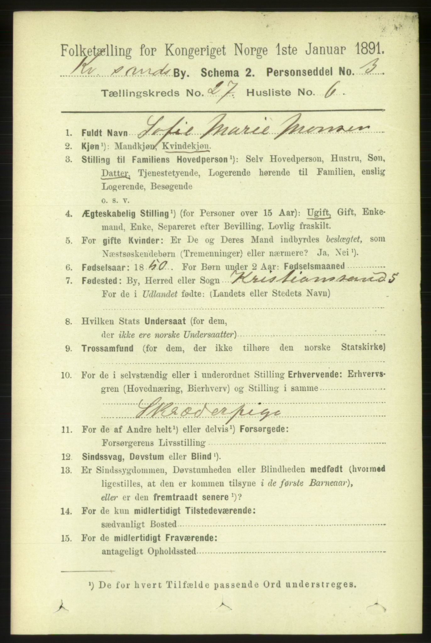 RA, 1891 census for 1001 Kristiansand, 1891, p. 9468