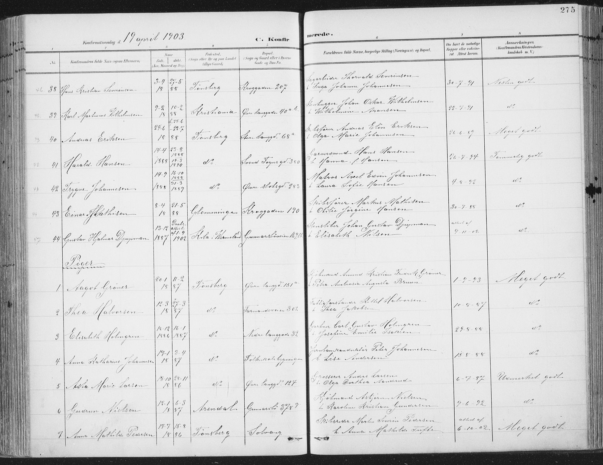 Tønsberg kirkebøker, SAKO/A-330/F/Fa/L0014: Parish register (official) no. I 14, 1900-1913, p. 275