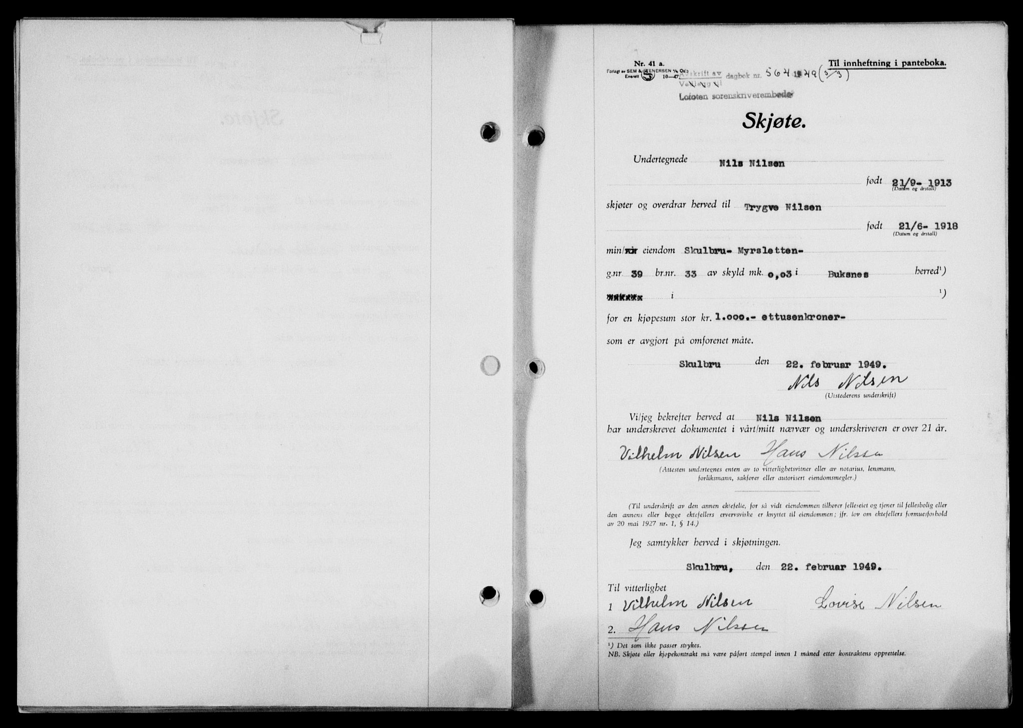 Lofoten sorenskriveri, SAT/A-0017/1/2/2C/L0020a: Mortgage book no. 20a, 1948-1949, Diary no: : 564/1949