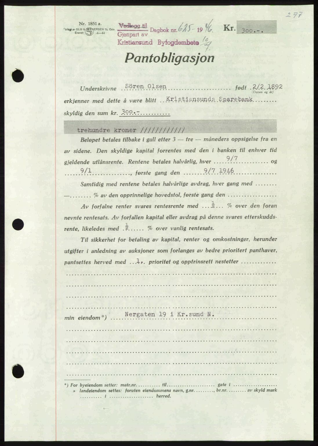 Kristiansund byfogd, AV/SAT-A-4587/A/27: Mortgage book no. 40, 1946-1946, Diary no: : 625/1946