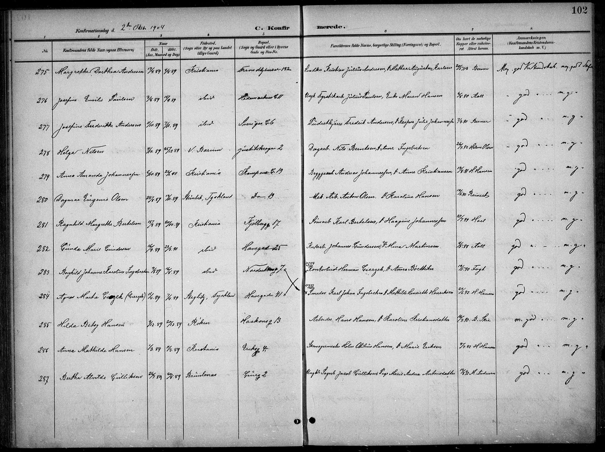 Kampen prestekontor Kirkebøker, AV/SAO-A-10853/F/Fa/L0009: Parish register (official) no. I 9, 1899-1911, p. 102