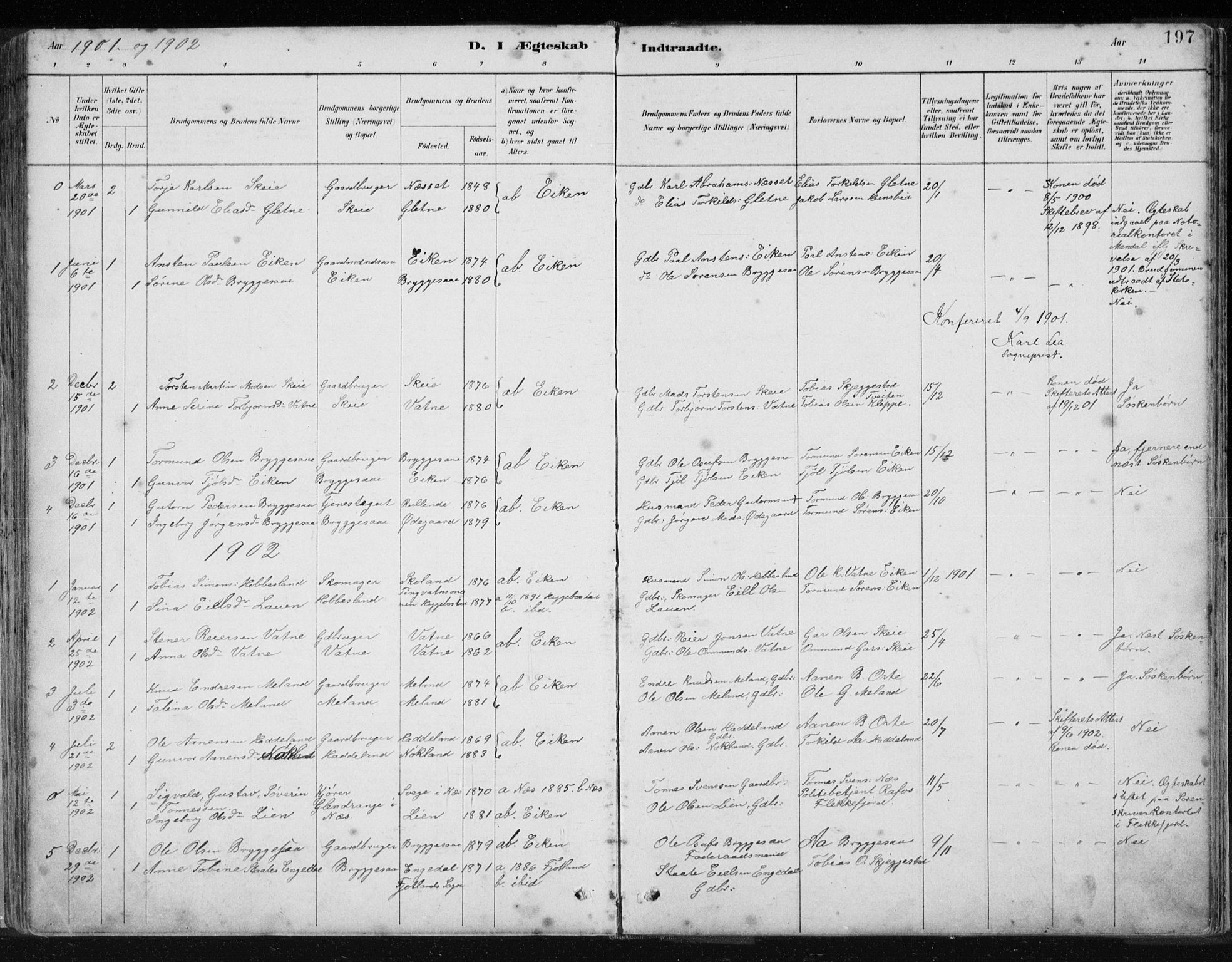 Hægebostad sokneprestkontor, SAK/1111-0024/F/Fb/Fbb/L0003: Parish register (copy) no. B 3, 1887-1937, p. 197