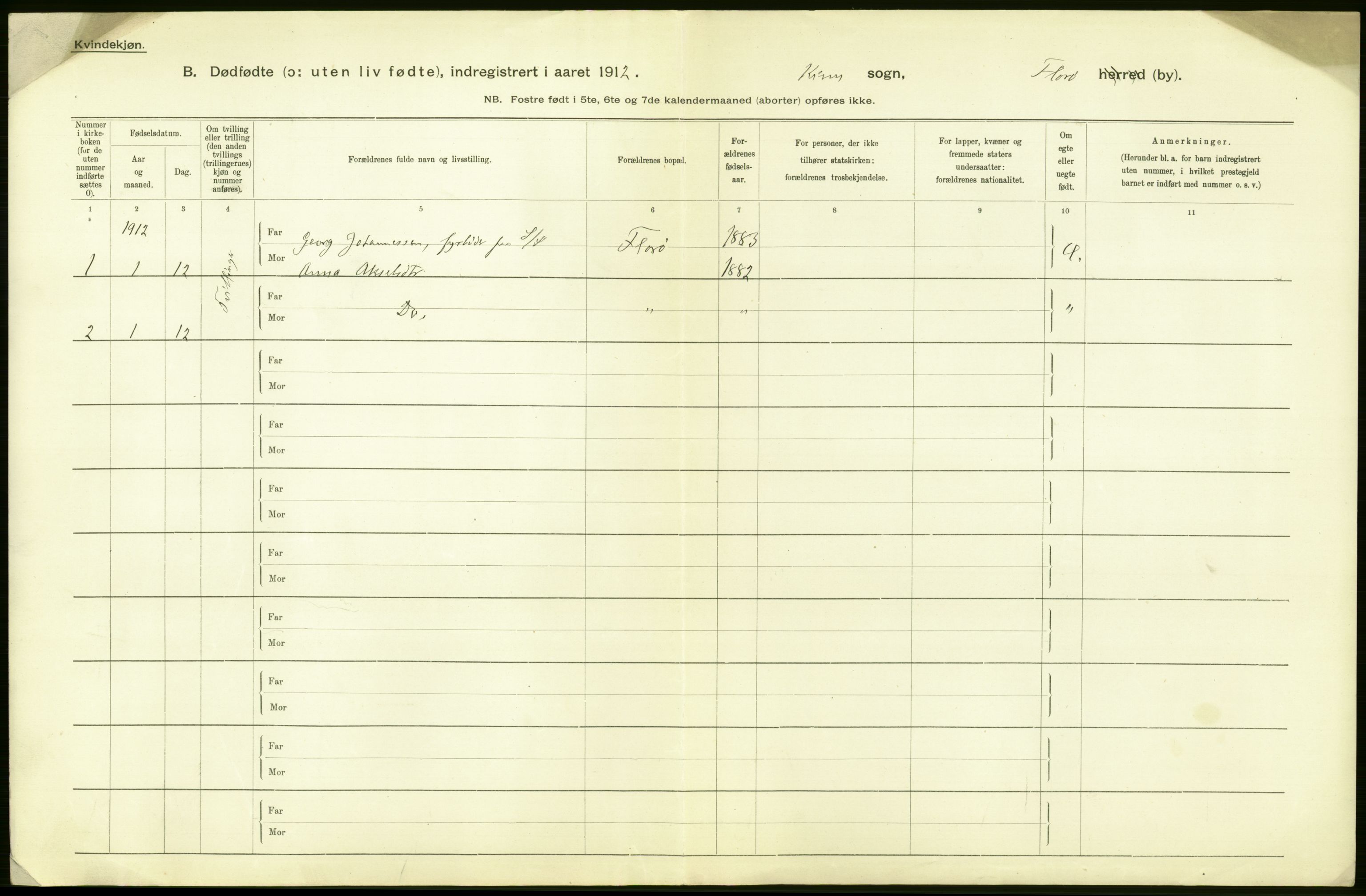 Statistisk sentralbyrå, Sosiodemografiske emner, Befolkning, AV/RA-S-2228/D/Df/Dfb/Dfbb/L0036: Florø by: Levendefødte menn og kvinner, gifte, døde, dødfødte., 1912, p. 22