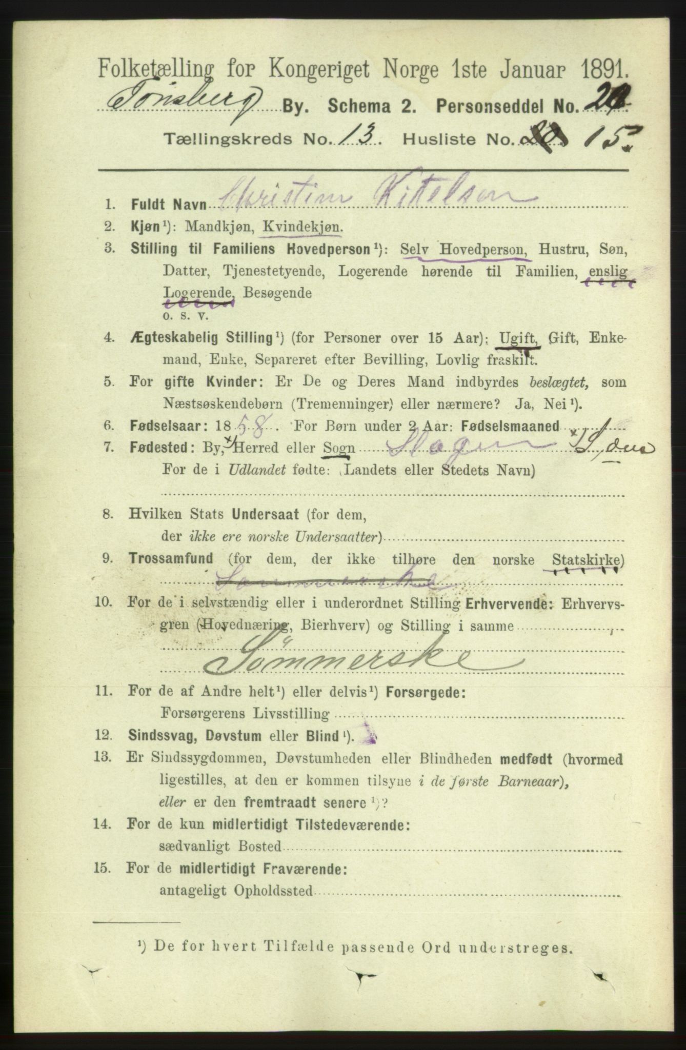 RA, 1891 census for 0705 Tønsberg, 1891, p. 4509