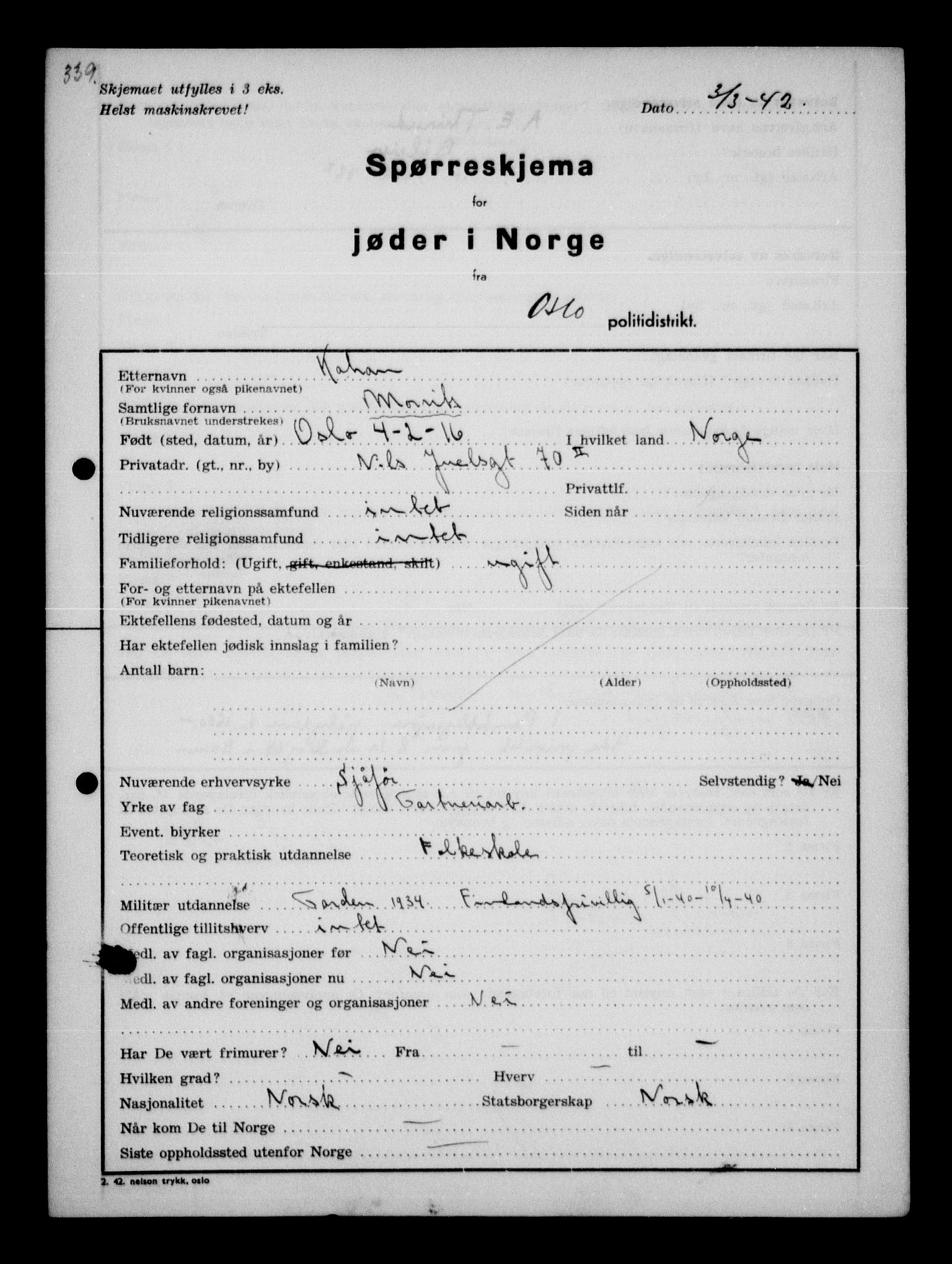 Statspolitiet - Hovedkontoret / Osloavdelingen, AV/RA-S-1329/G/Ga/L0010: Spørreskjema for jøder i Norge, Oslo Hansen-Pintzow, 1942, p. 233