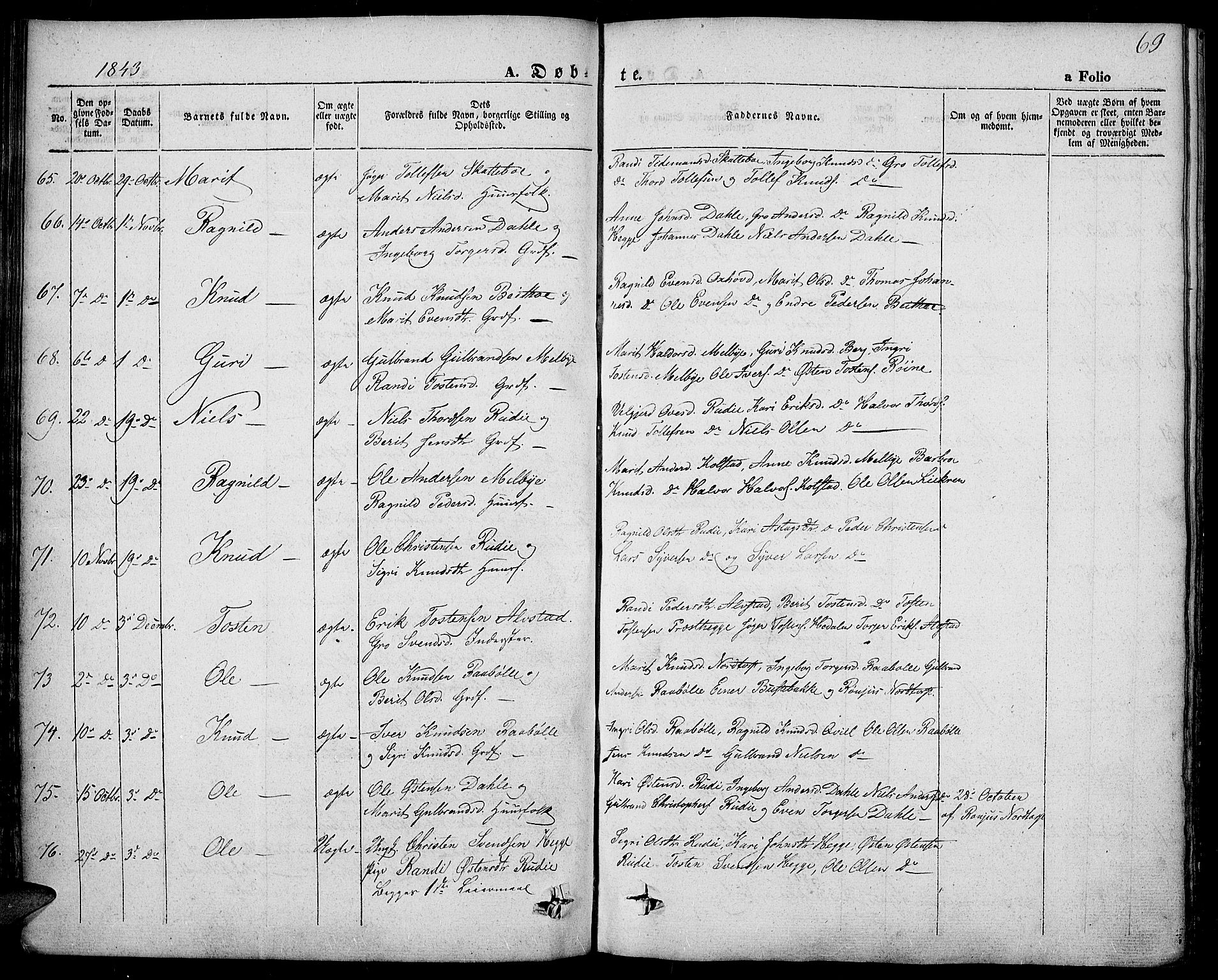 Slidre prestekontor, SAH/PREST-134/H/Ha/Haa/L0004: Parish register (official) no. 4, 1831-1848, p. 69