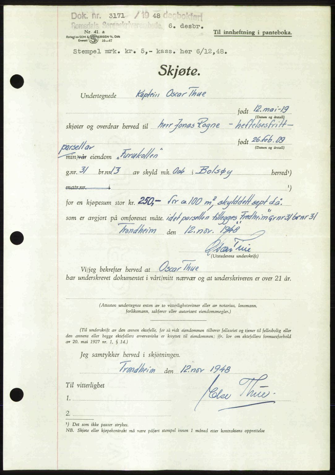 Romsdal sorenskriveri, AV/SAT-A-4149/1/2/2C: Mortgage book no. A28, 1948-1949, Diary no: : 3171/1948