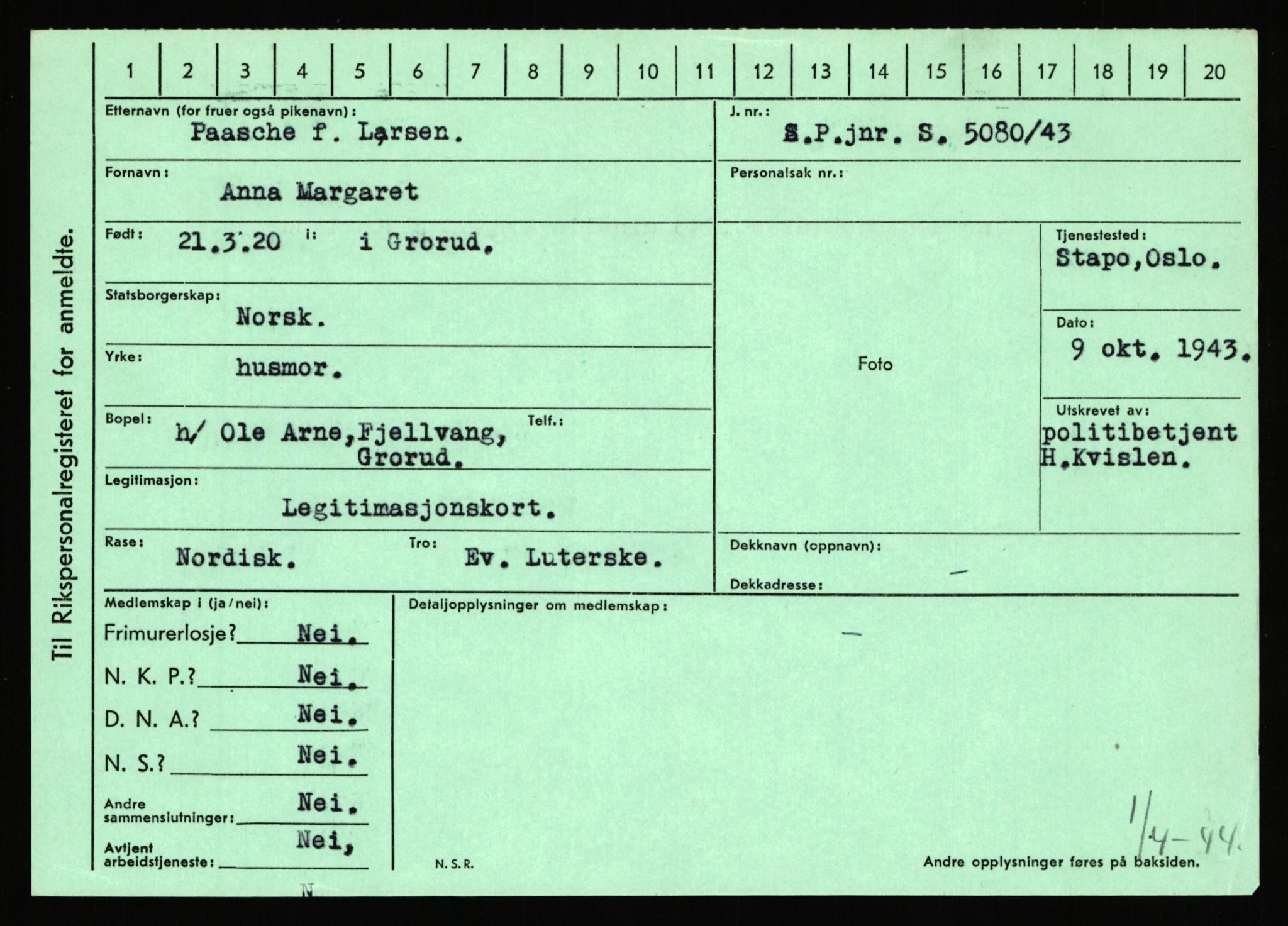 Statspolitiet - Hovedkontoret / Osloavdelingen, AV/RA-S-1329/C/Ca/L0012: Oanæs - Quistgaard	, 1943-1945, p. 2866
