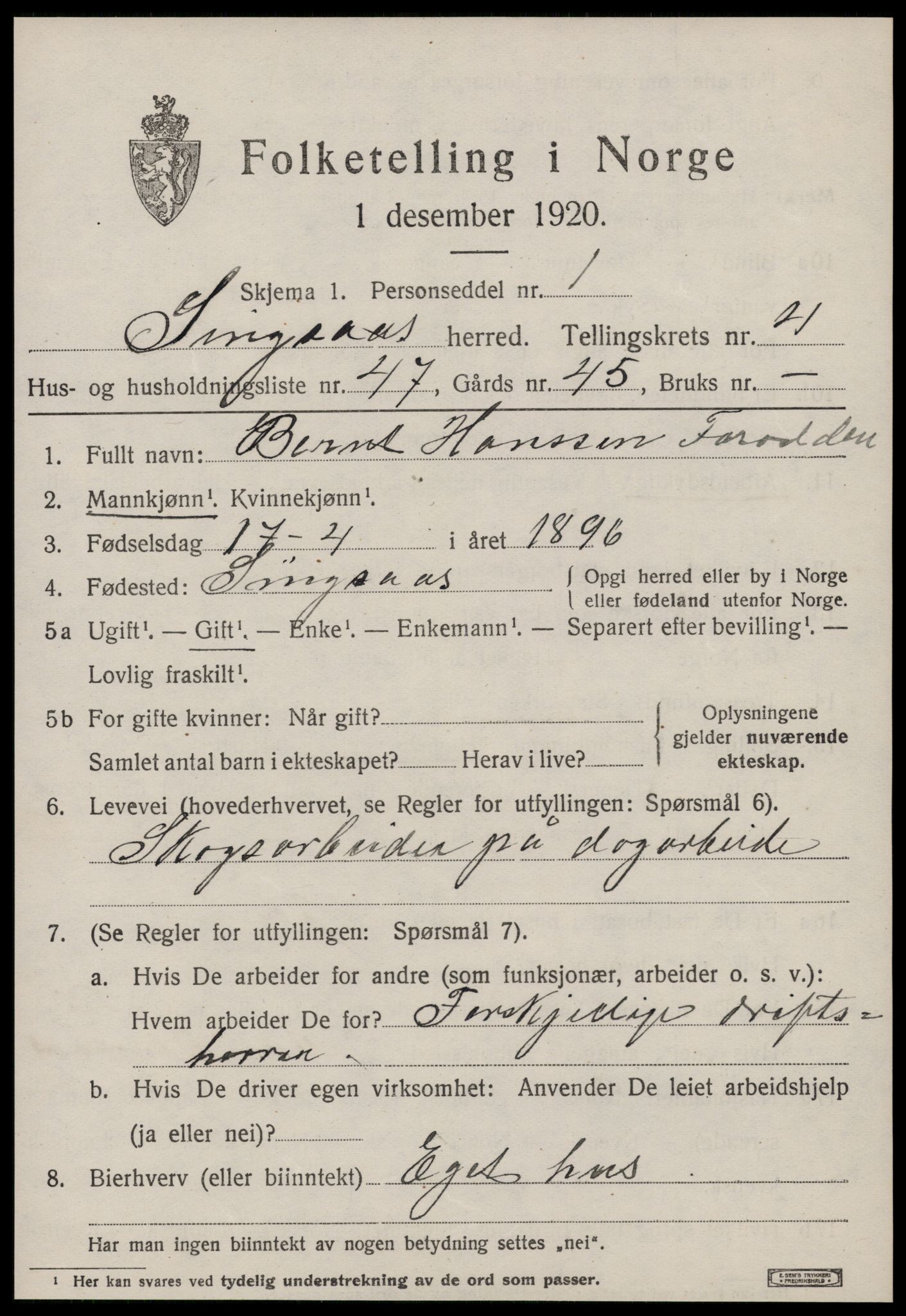 SAT, 1920 census for Singsås, 1920, p. 2679