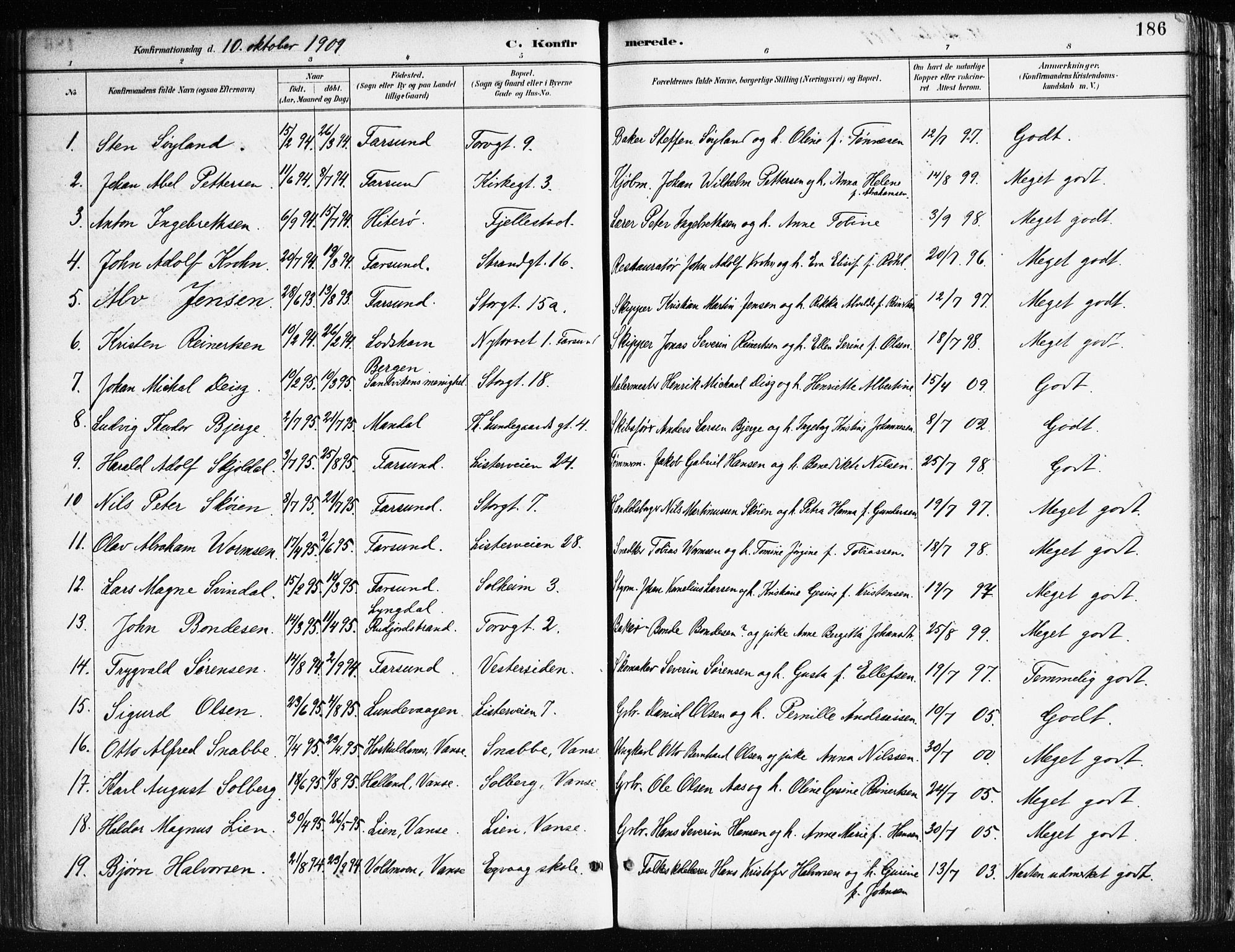 Farsund sokneprestkontor, SAK/1111-0009/F/Fa/L0006: Parish register (official) no. A 6, 1887-1920, p. 186