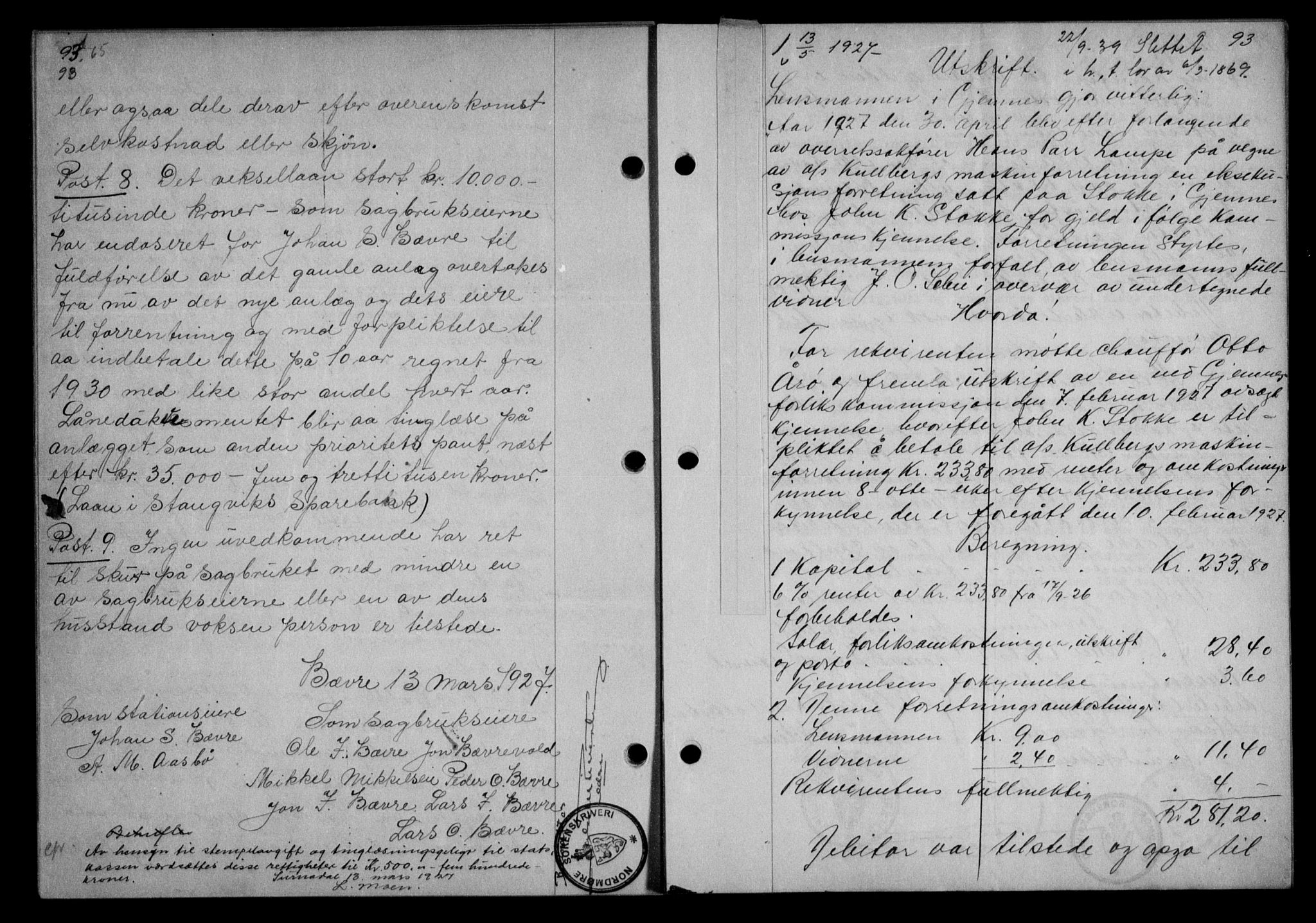 Nordmøre sorenskriveri, AV/SAT-A-4132/1/2/2Ca/L0062: Mortgage book no. 52, 1927-1927, Deed date: 13.05.1927