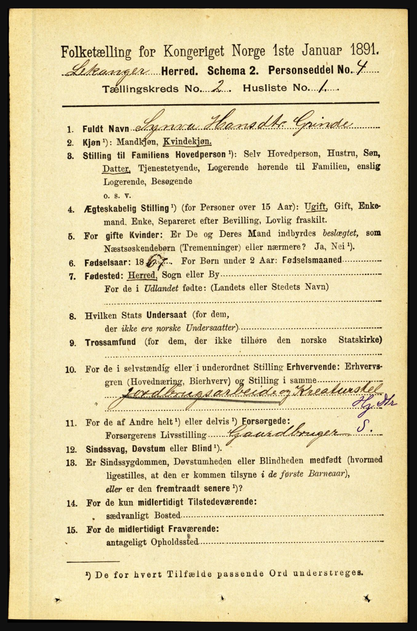 RA, 1891 census for 1419 Leikanger, 1891, p. 153