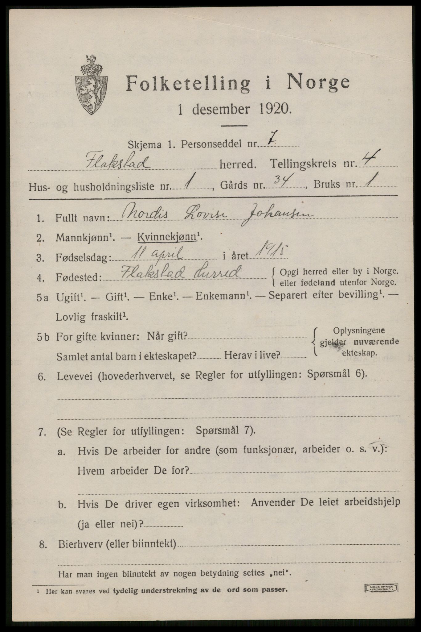 SAT, 1920 census for Flakstad, 1920, p. 2835