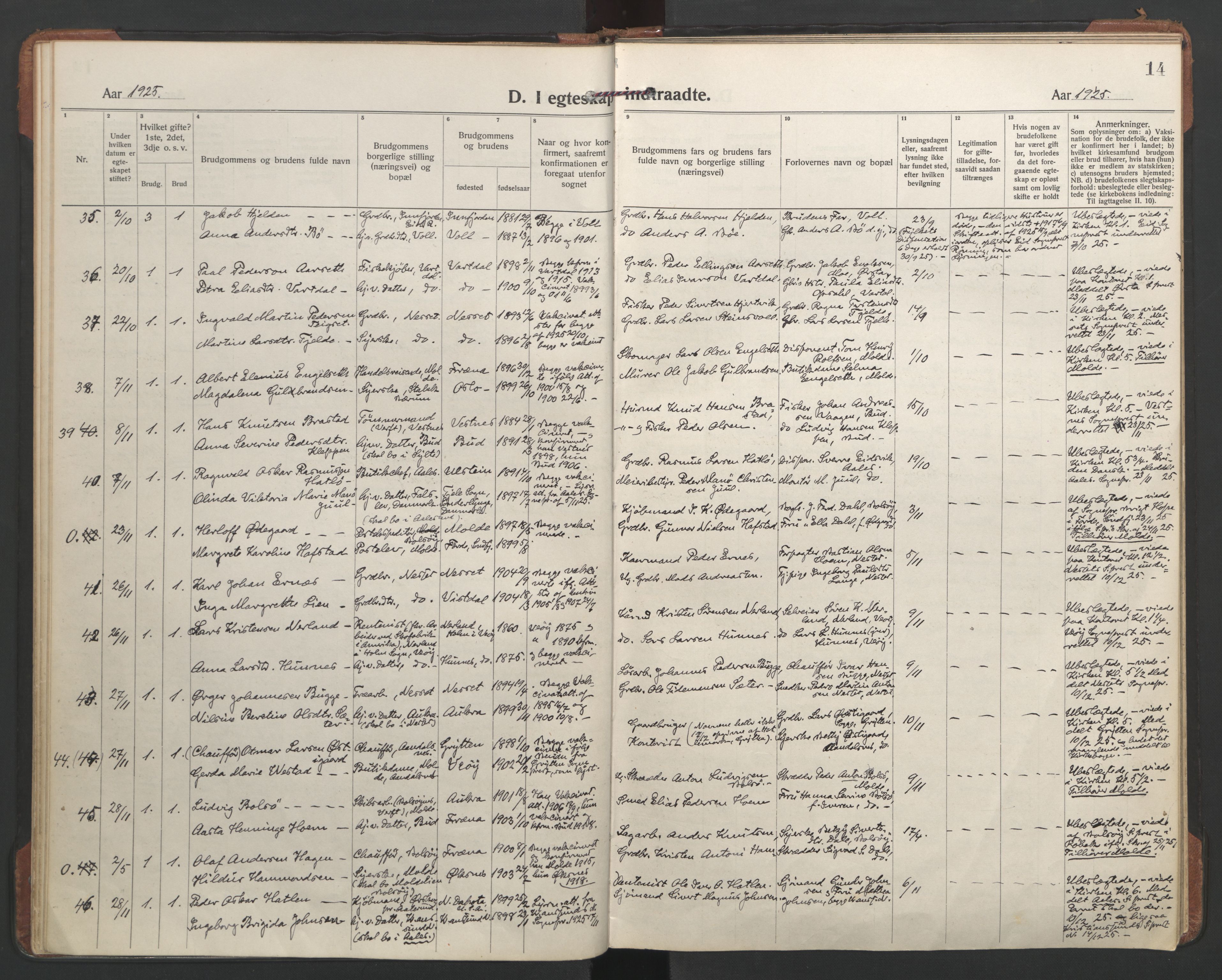 Ministerialprotokoller, klokkerbøker og fødselsregistre - Møre og Romsdal, AV/SAT-A-1454/558/L0698: Parish register (official) no. 558A12, 1922-1937, p. 14