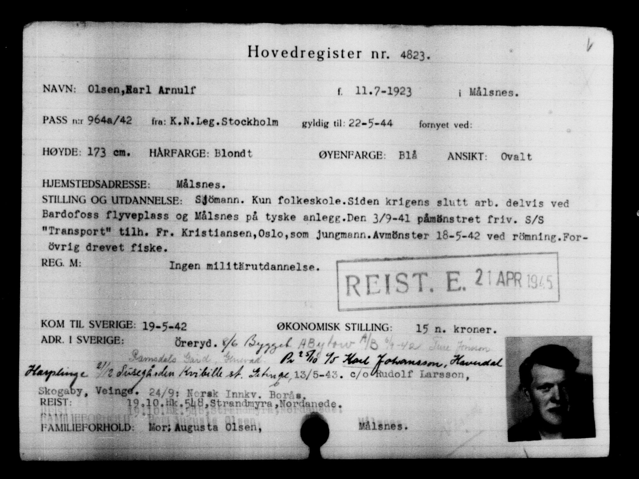 Utenriksstasjonene, Legasjonen i Stockholm, Flyktningkontoret, AV/RA-S-6753/V/Va/L0004: Kjesäterkartoteket, flyktninger med registreringsnr. 3496-6610, 1940-1945, p. 1573