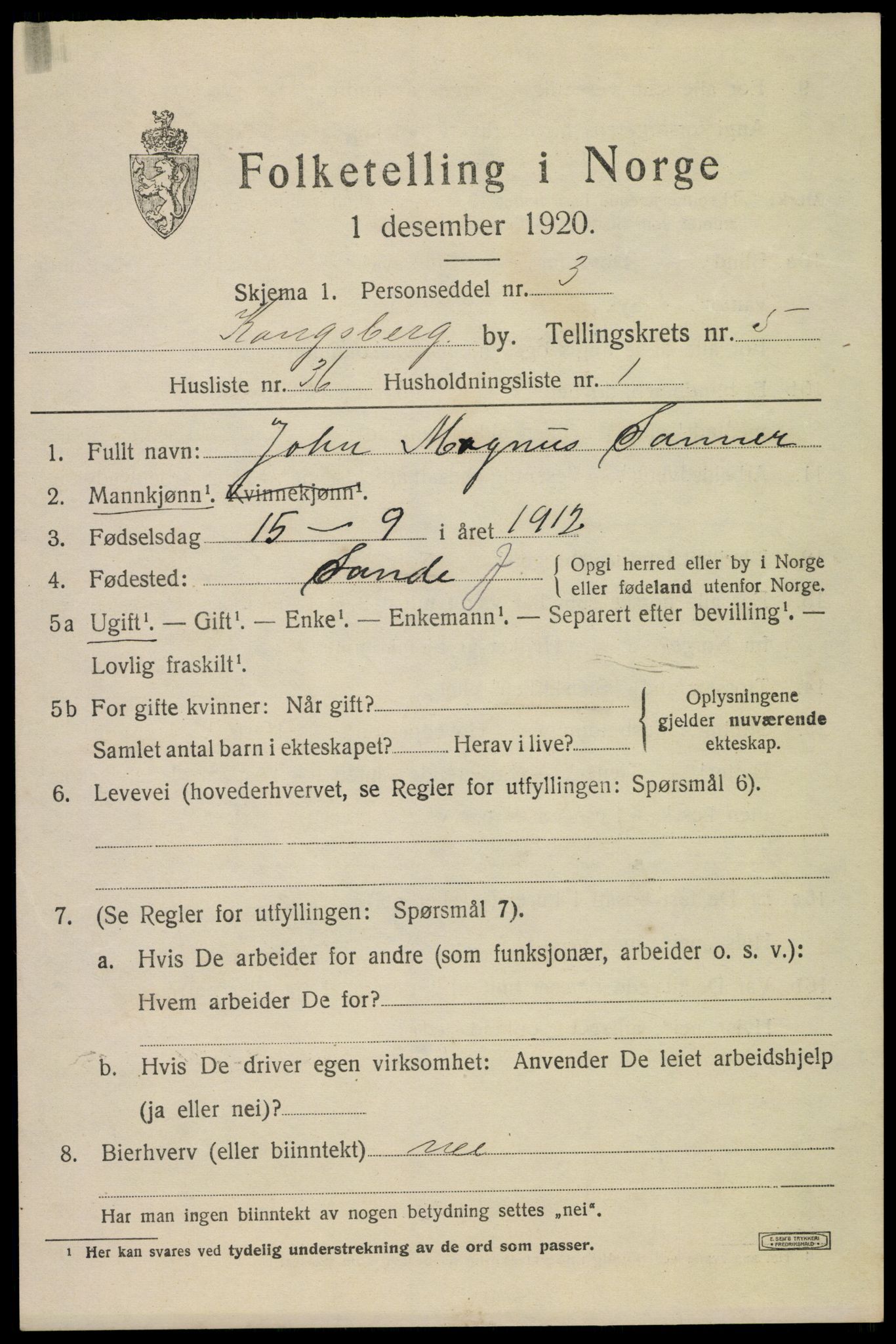 SAKO, 1920 census for Kongsberg, 1920, p. 12958