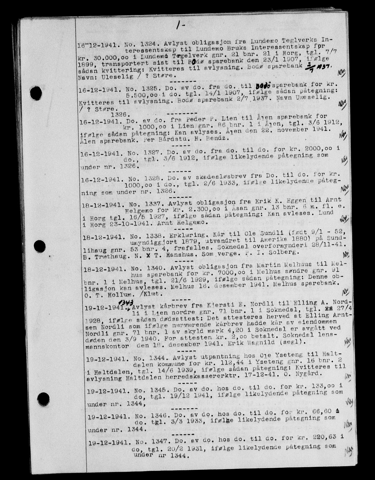 Gauldal sorenskriveri, SAT/A-0014/1/2/2C/L0054: Mortgage book no. 59, 1941-1942, Diary no: : 1324/1941