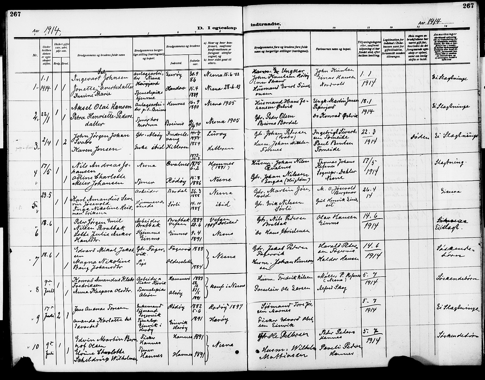 Ministerialprotokoller, klokkerbøker og fødselsregistre - Nordland, SAT/A-1459/838/L0560: Parish register (copy) no. 838C07, 1910-1928, p. 267