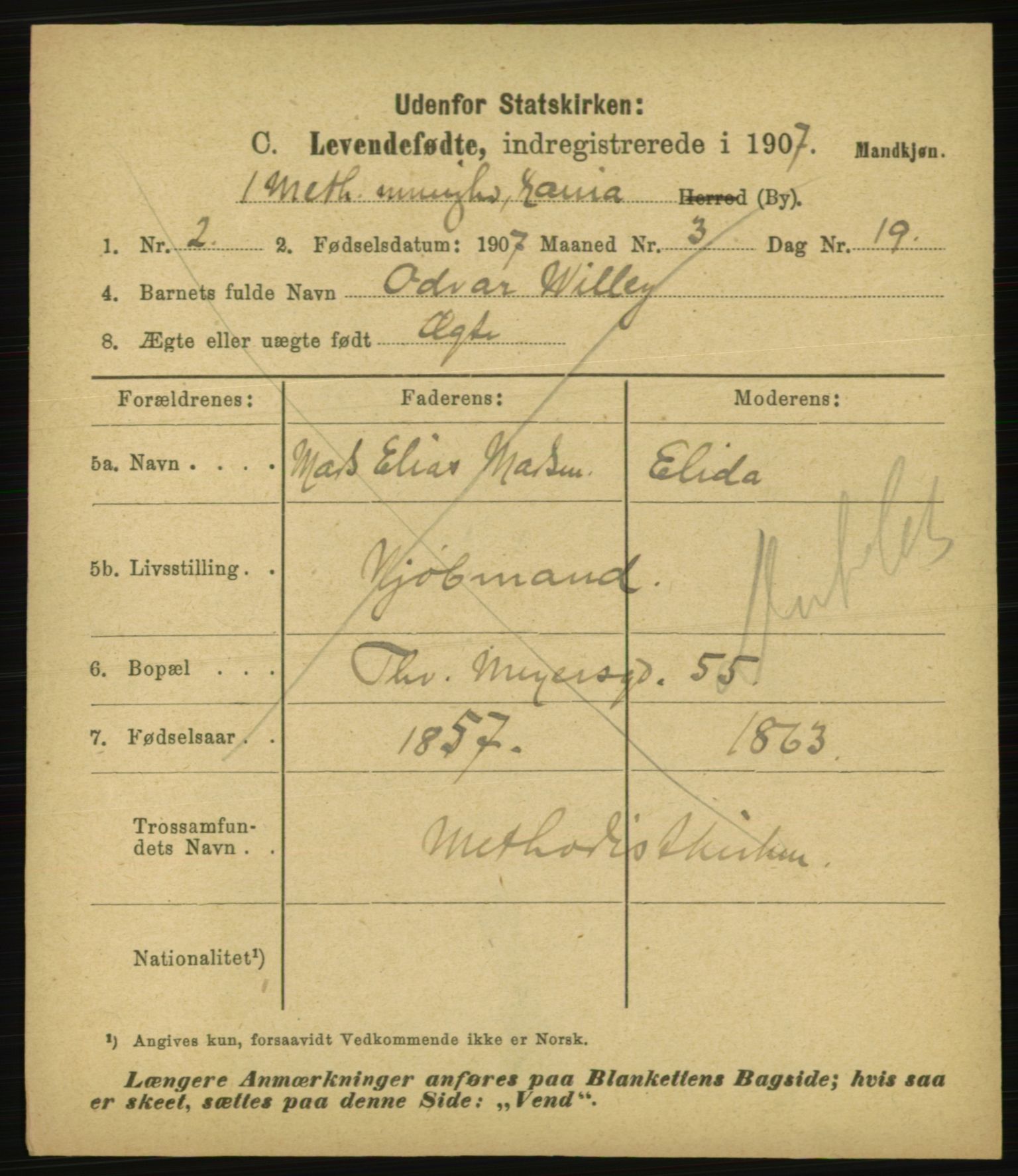 Statistisk sentralbyrå, Sosiodemografiske emner, Befolkning, AV/RA-S-2228/E/L0005: Fødte, gifte, døde dissentere., 1907, p. 3061