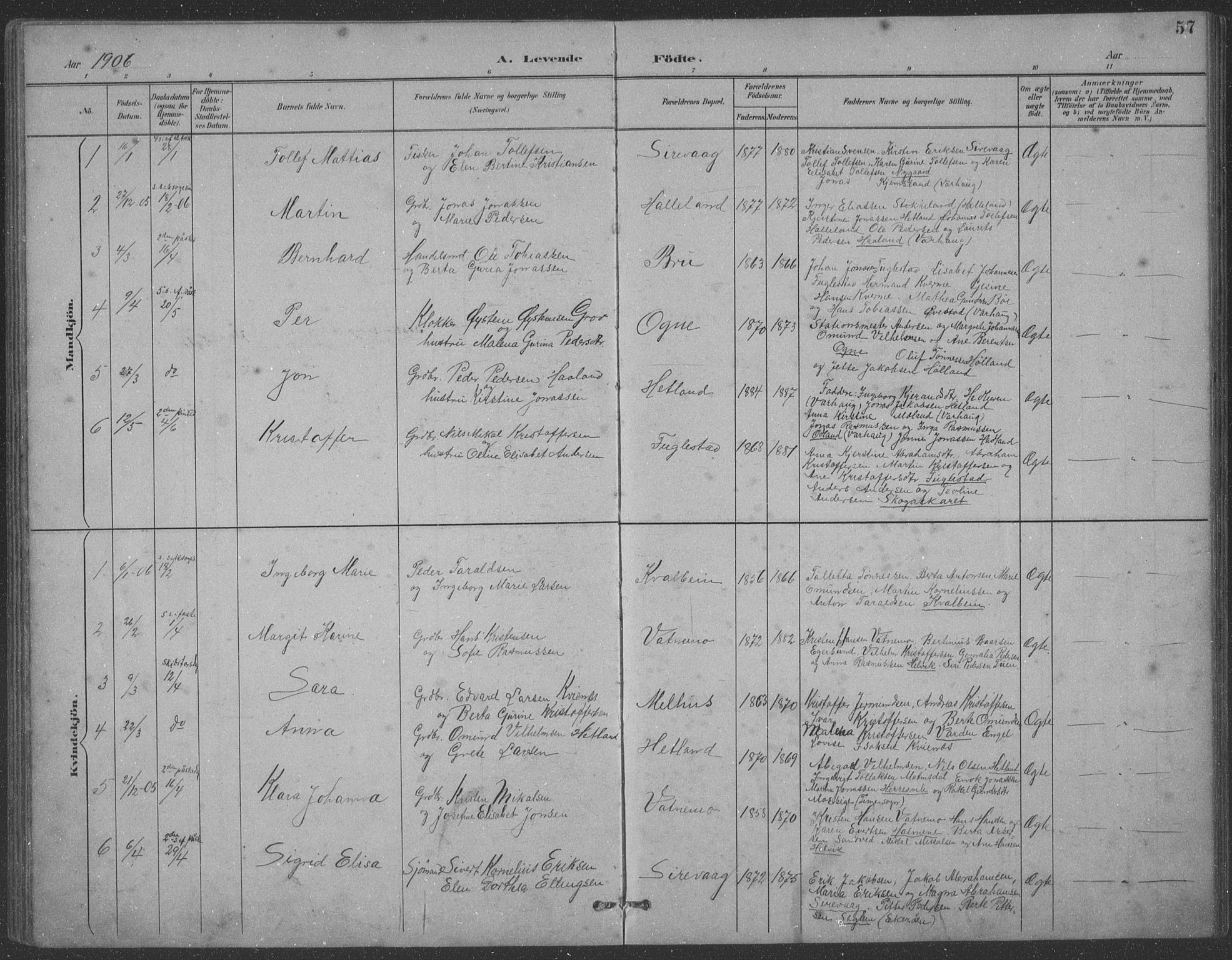 Eigersund sokneprestkontor, SAST/A-101807/S09: Parish register (copy) no. B 21, 1890-1915, p. 57