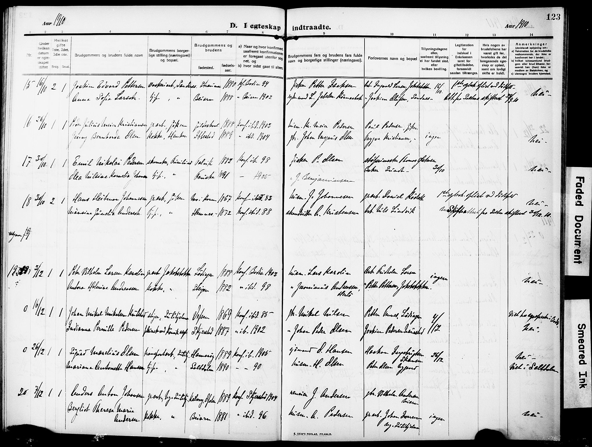 Ministerialprotokoller, klokkerbøker og fødselsregistre - Nordland, AV/SAT-A-1459/850/L0710: Parish register (official) no. 850A02, 1910-1920, p. 123