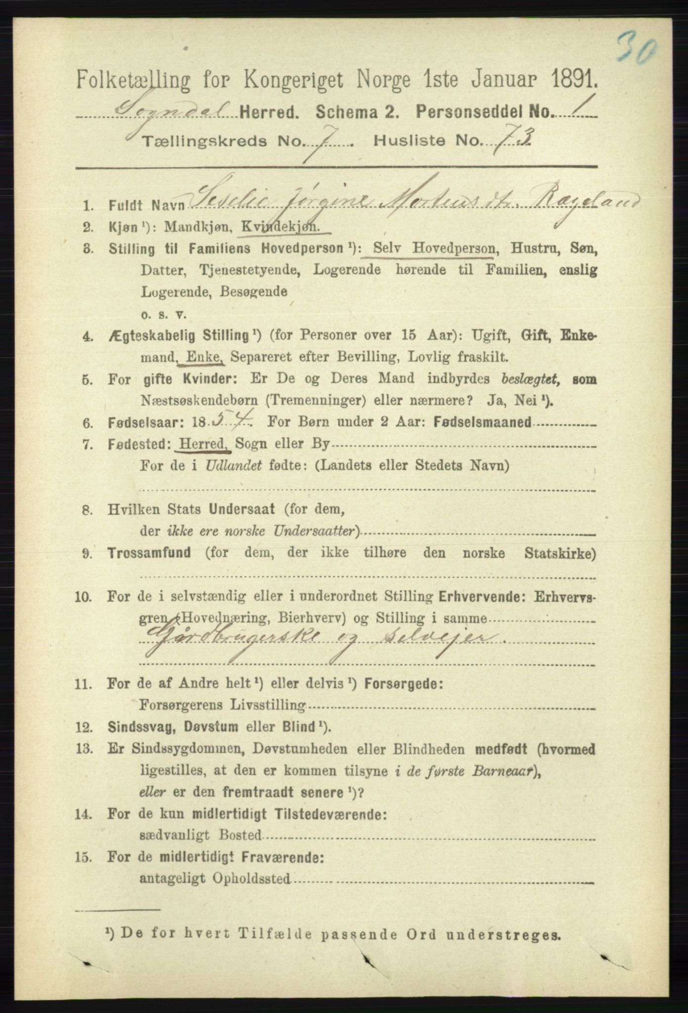 RA, 1891 census for 1111 Sokndal, 1891, p. 2579