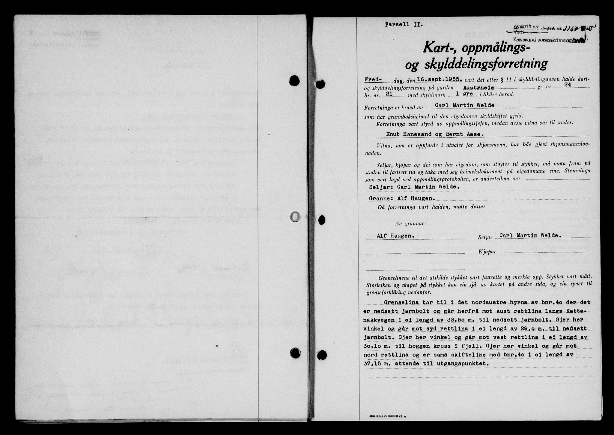 Karmsund sorenskriveri, SAST/A-100311/01/II/IIB/L0117: Mortgage book no. 97Aa, 1955-1955, Diary no: : 3167/1955