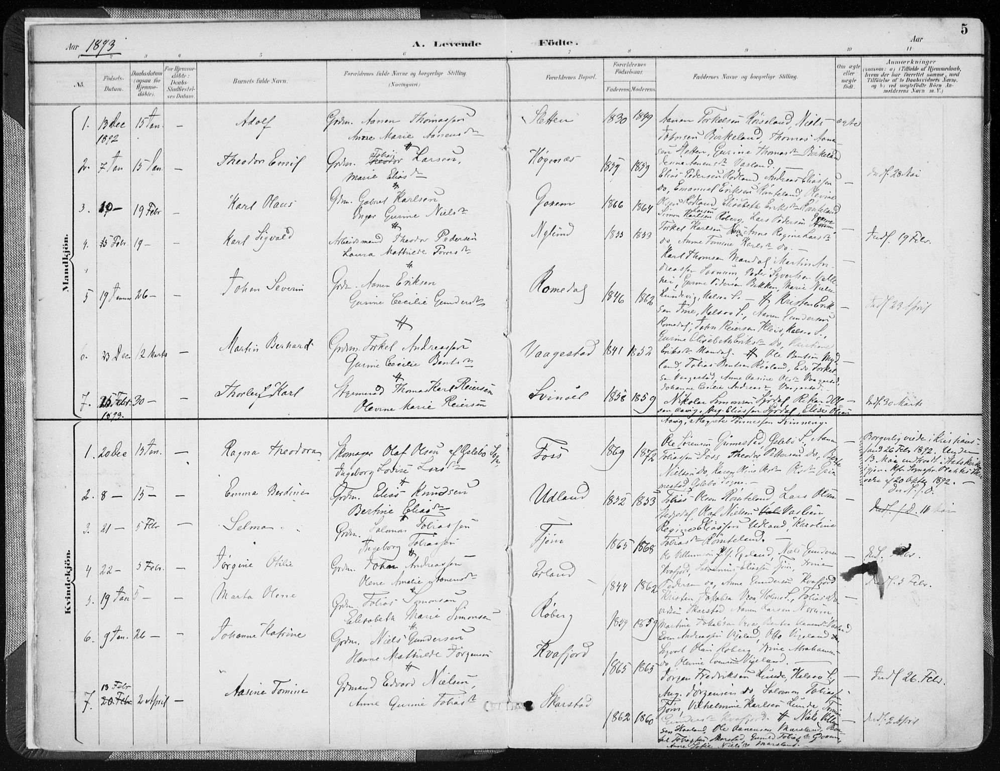 Sør-Audnedal sokneprestkontor, AV/SAK-1111-0039/F/Fa/Fab/L0010: Parish register (official) no. A 10, 1892-1913, p. 5