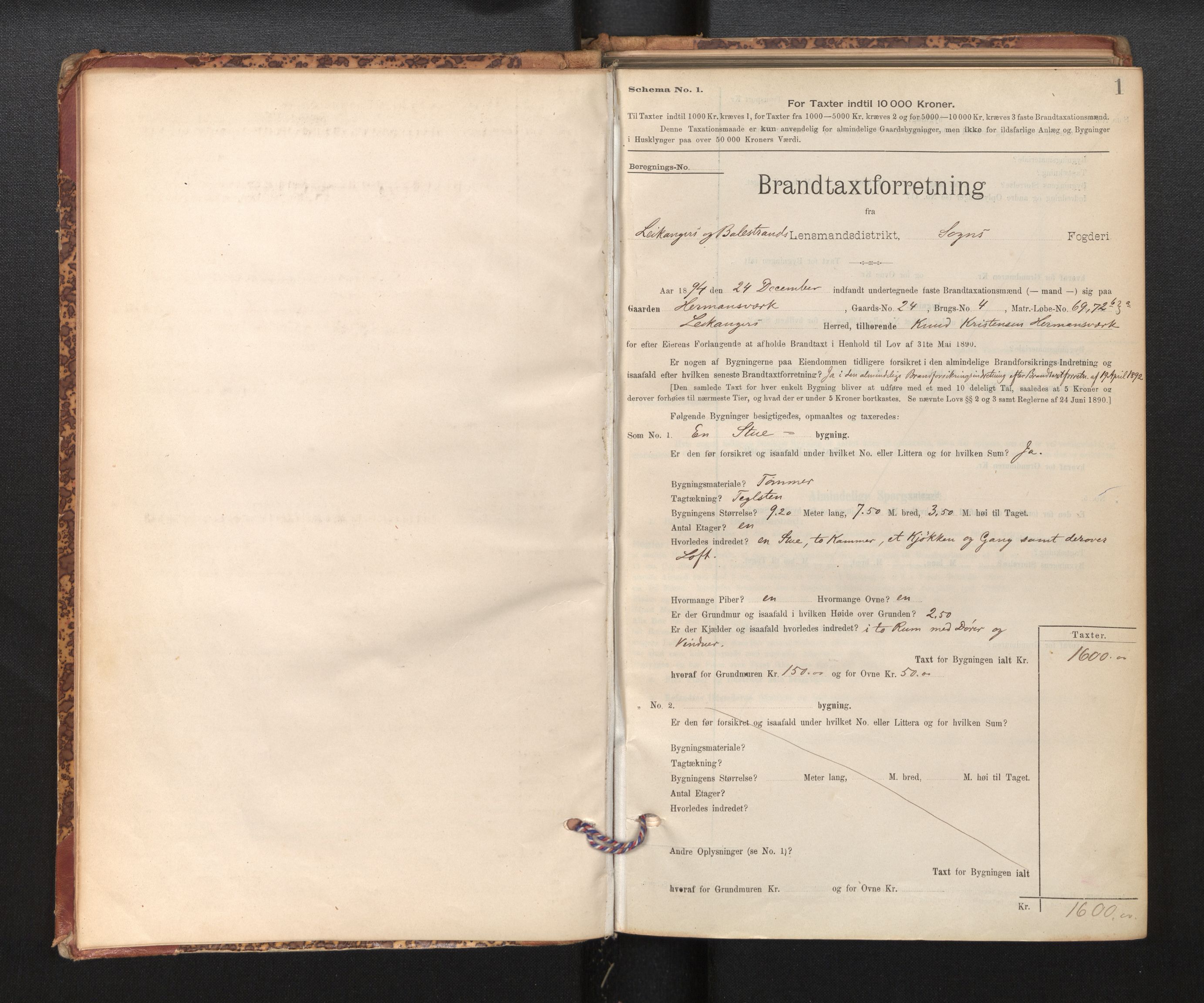 Lensmannen i Leikanger, SAB/A-29201/0012/L0004: Branntakstprotokoll, skjematakst, 1894-1903, p. 1