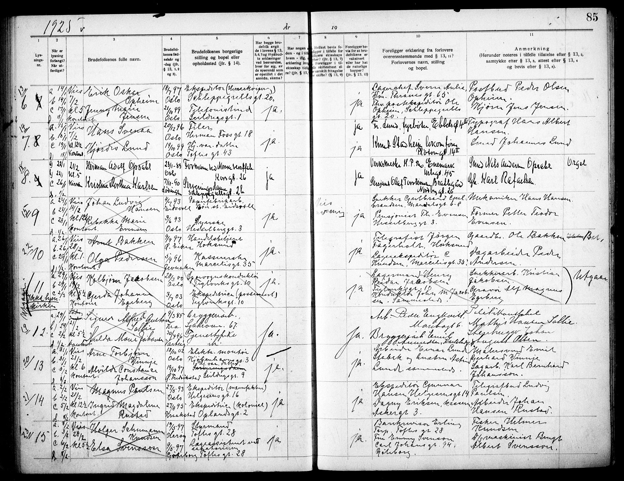 Paulus prestekontor Kirkebøker, SAO/A-10871/H/Ha/L0003: Banns register no. 3, 1919-1926, p. 85