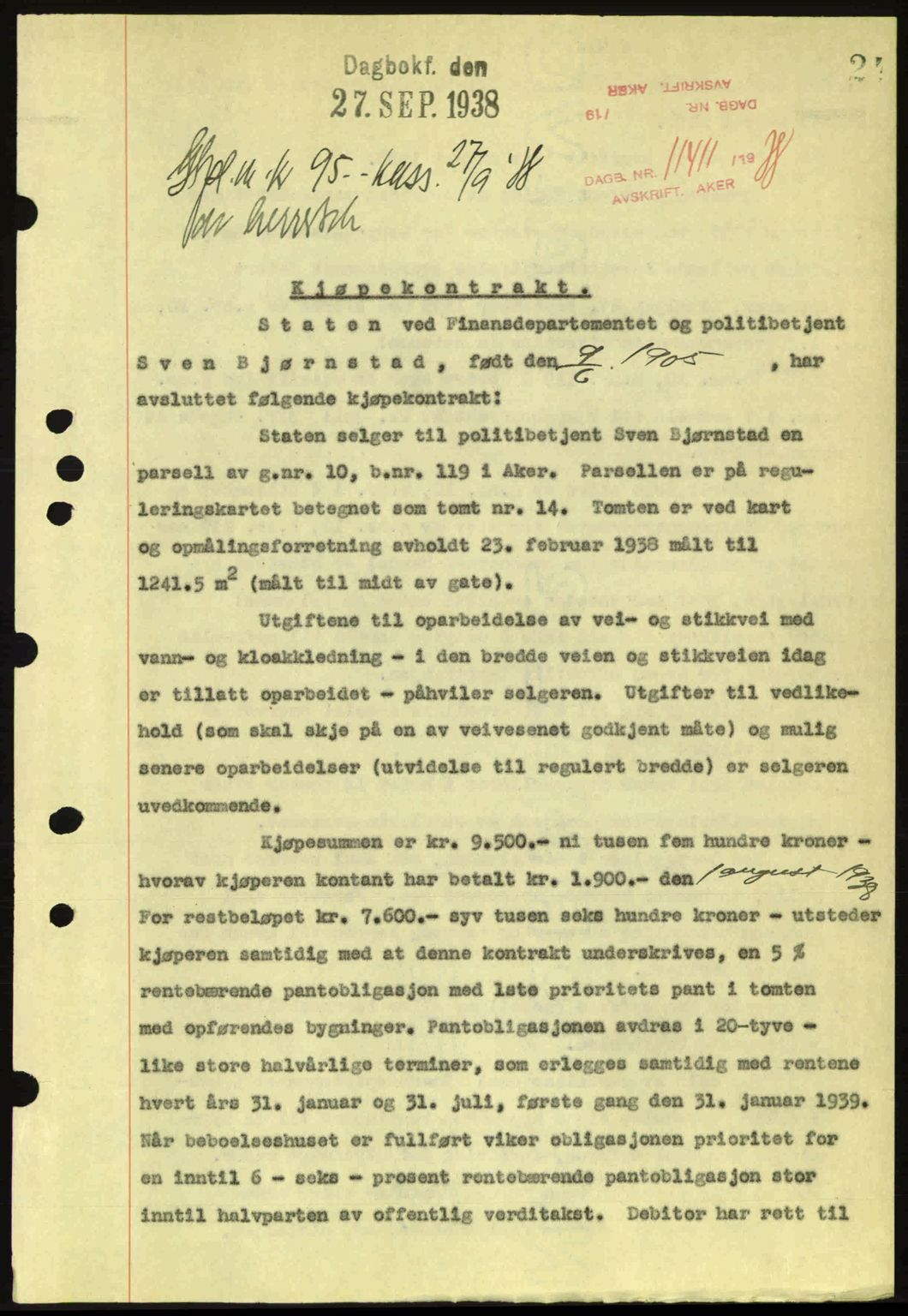 Aker herredsskriveri, SAO/A-10896/G/Gb/Gba/Gbab/L0025: Mortgage book no. A154-155, 1938-1938, Diary no: : 11411/1938