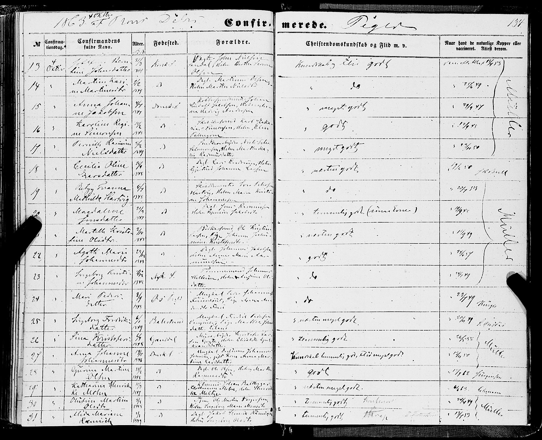 Domkirken sokneprestembete, AV/SAB-A-74801/H/Haa/L0028: Parish register (official) no. C 3, 1852-1864, p. 134