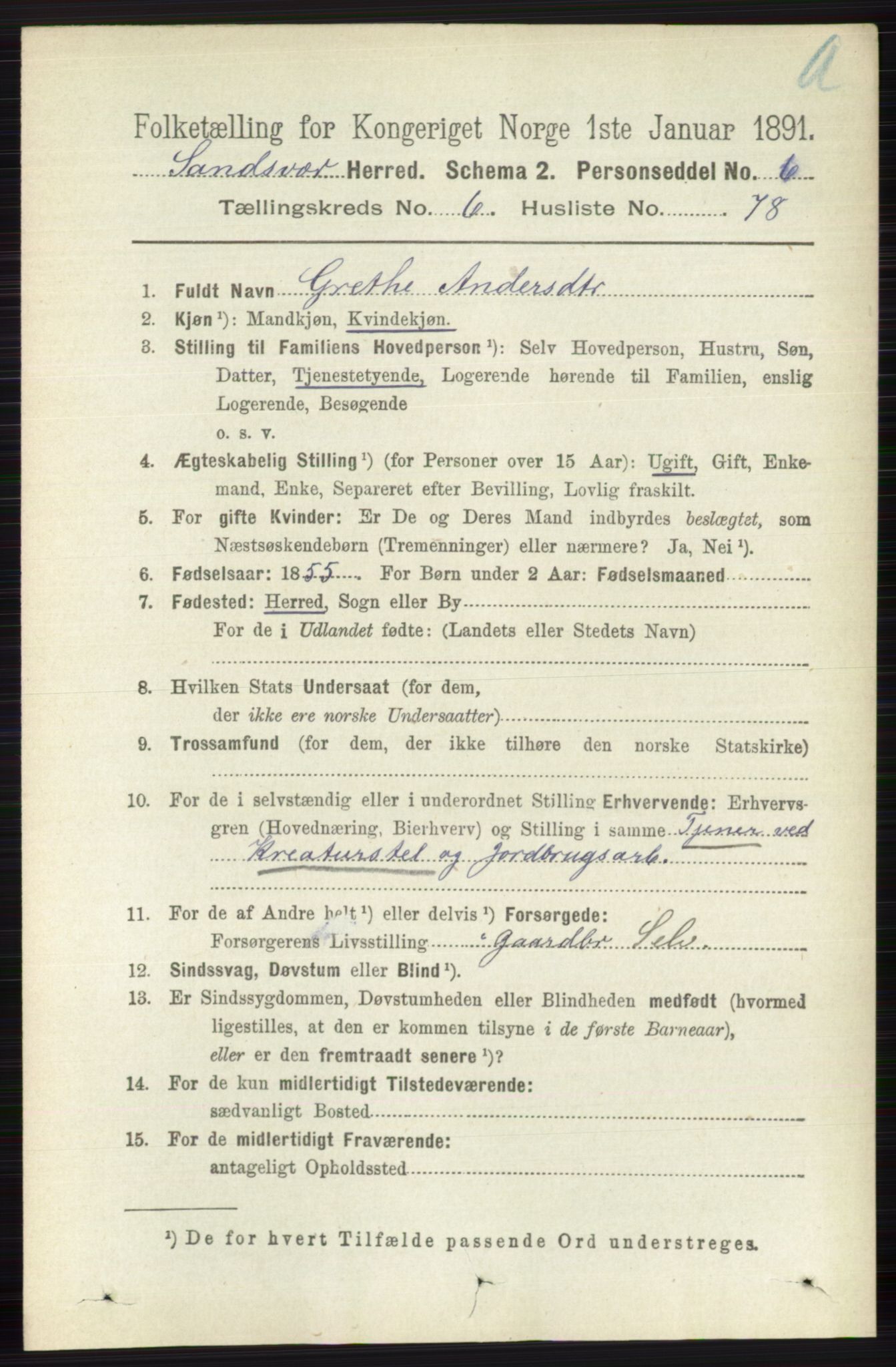 RA, 1891 census for 0629 Sandsvær, 1891, p. 3897