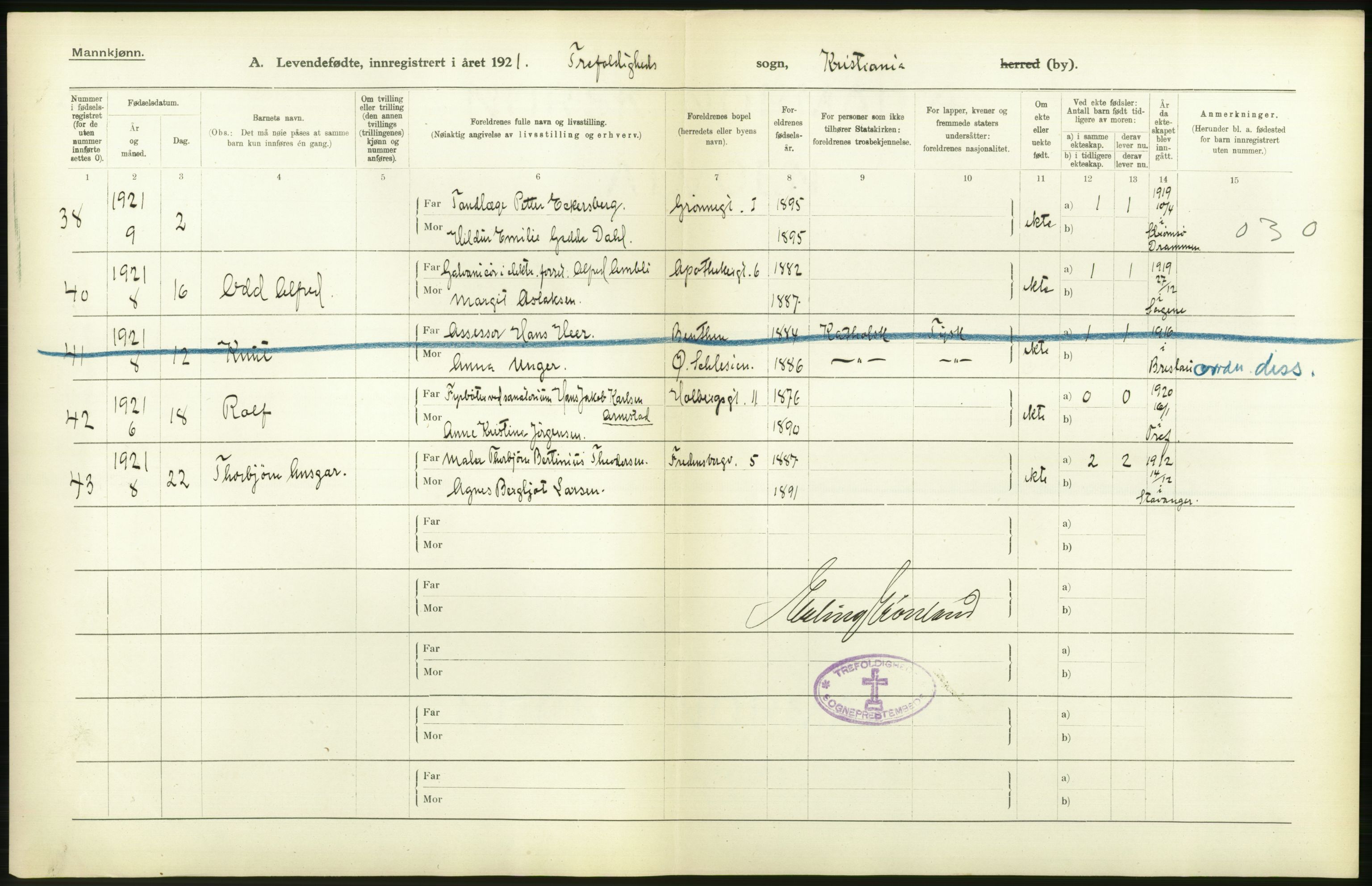 Statistisk sentralbyrå, Sosiodemografiske emner, Befolkning, RA/S-2228/D/Df/Dfc/Dfca/L0009: Kristiania: Levendefødte menn og kvinner., 1921, p. 442